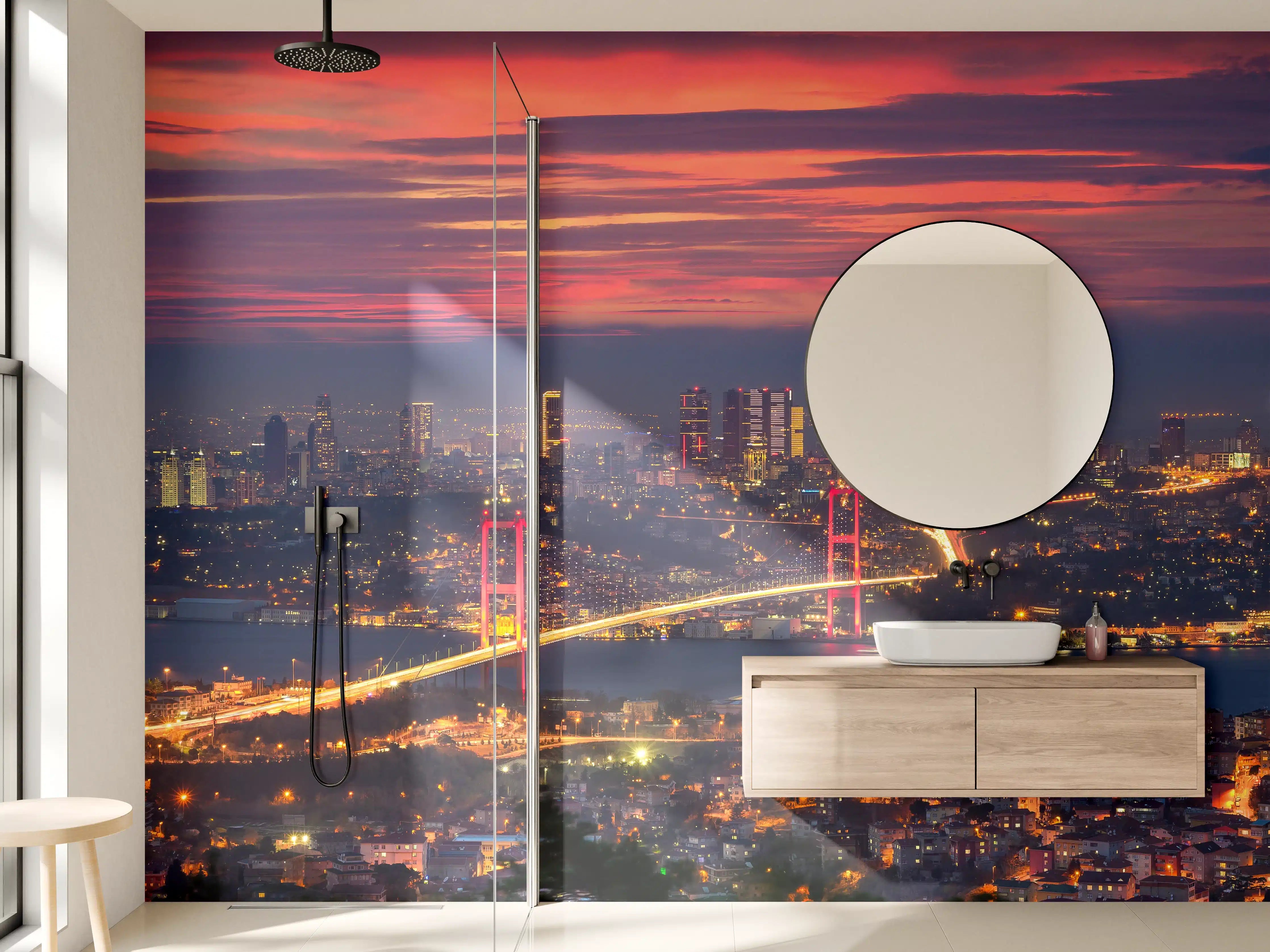 Wandverkleidung Bad - Blick auf eine strahlende Stadt bei Sonnenuntergang