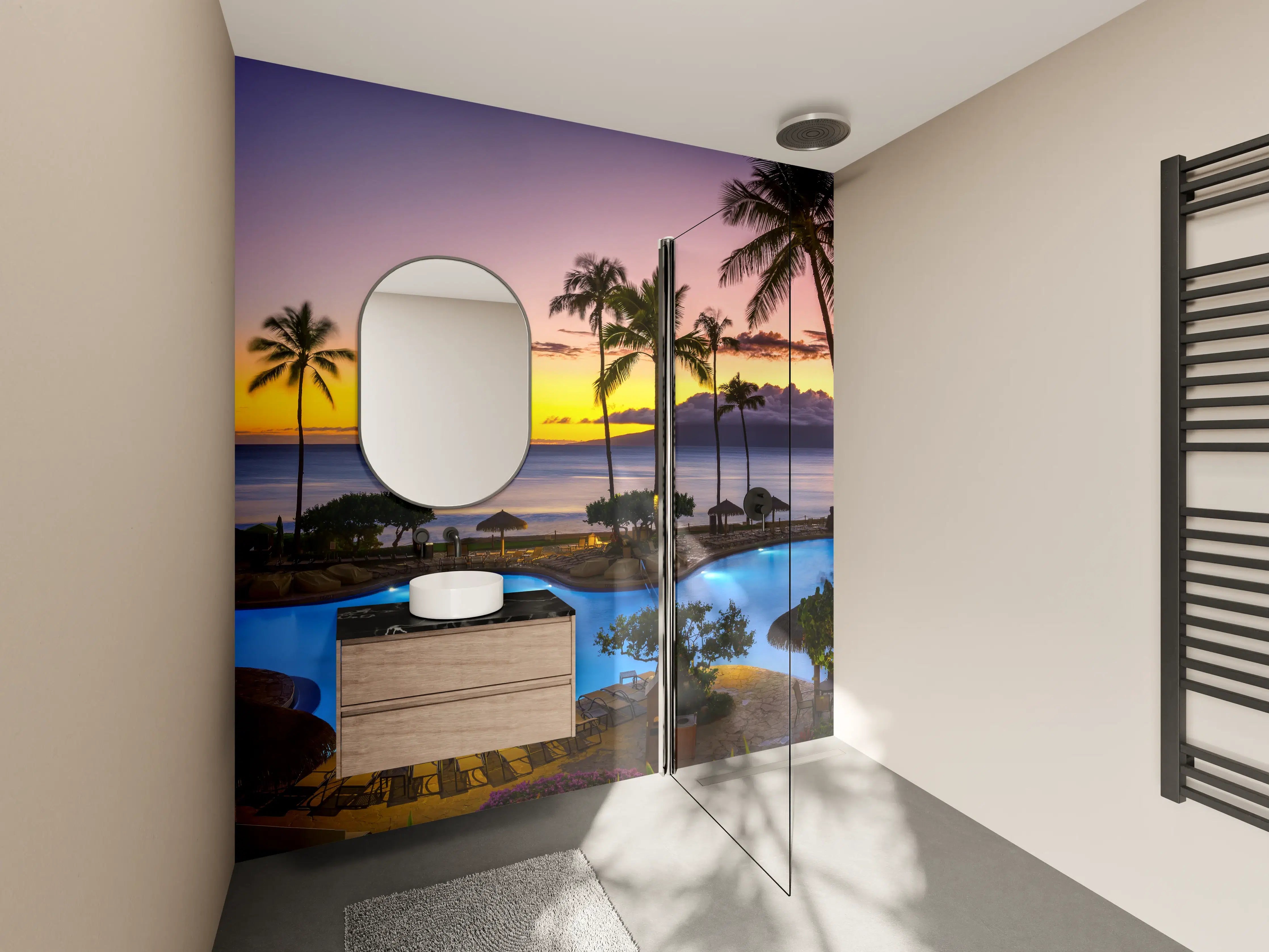 Wandverkleidung Bad - Blick auf einen tropischen Pool bei Sonnenuntergang