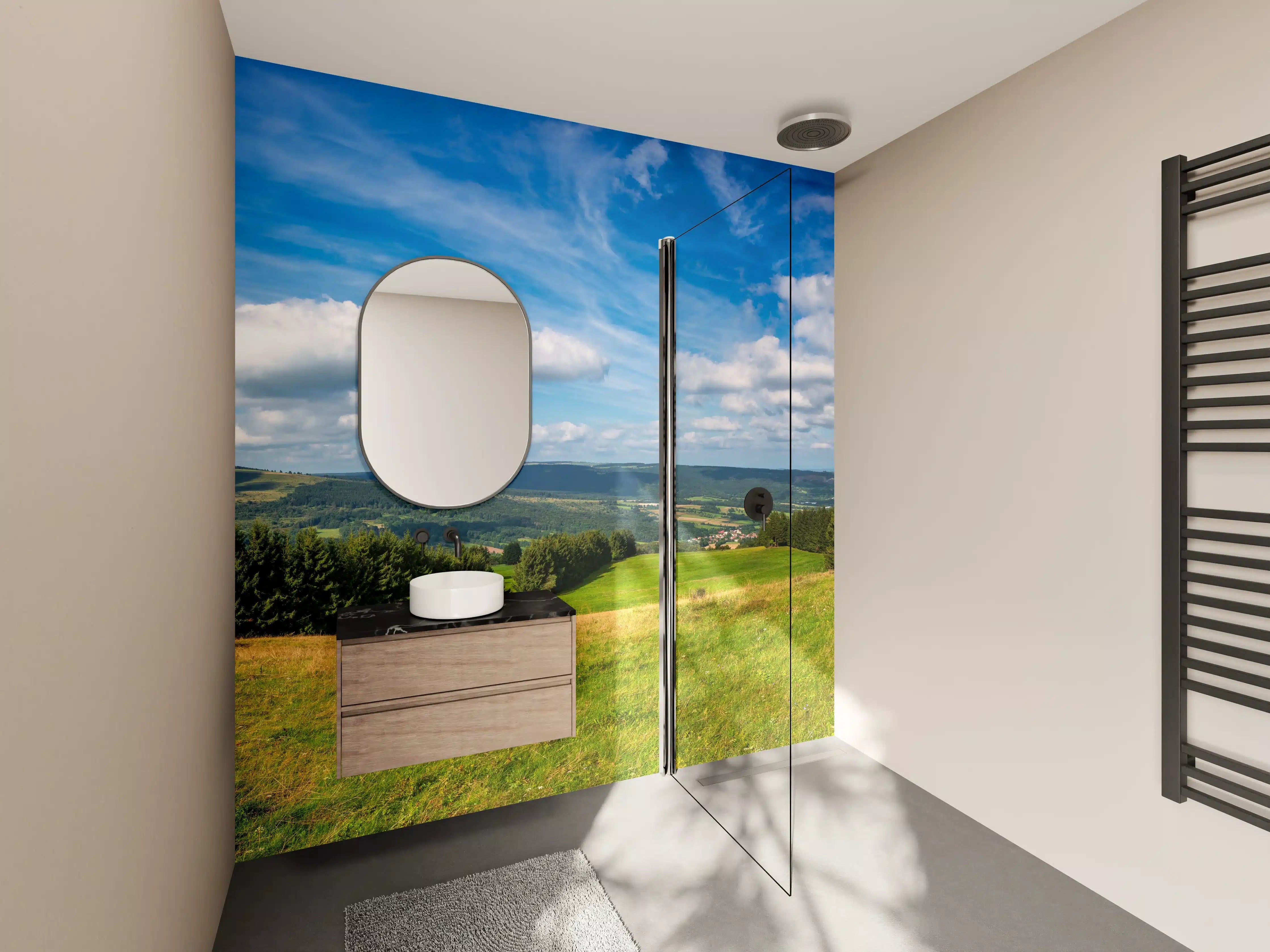 Wandverkleidung Bad - Blick auf grüne Hügel und blauen Himmel