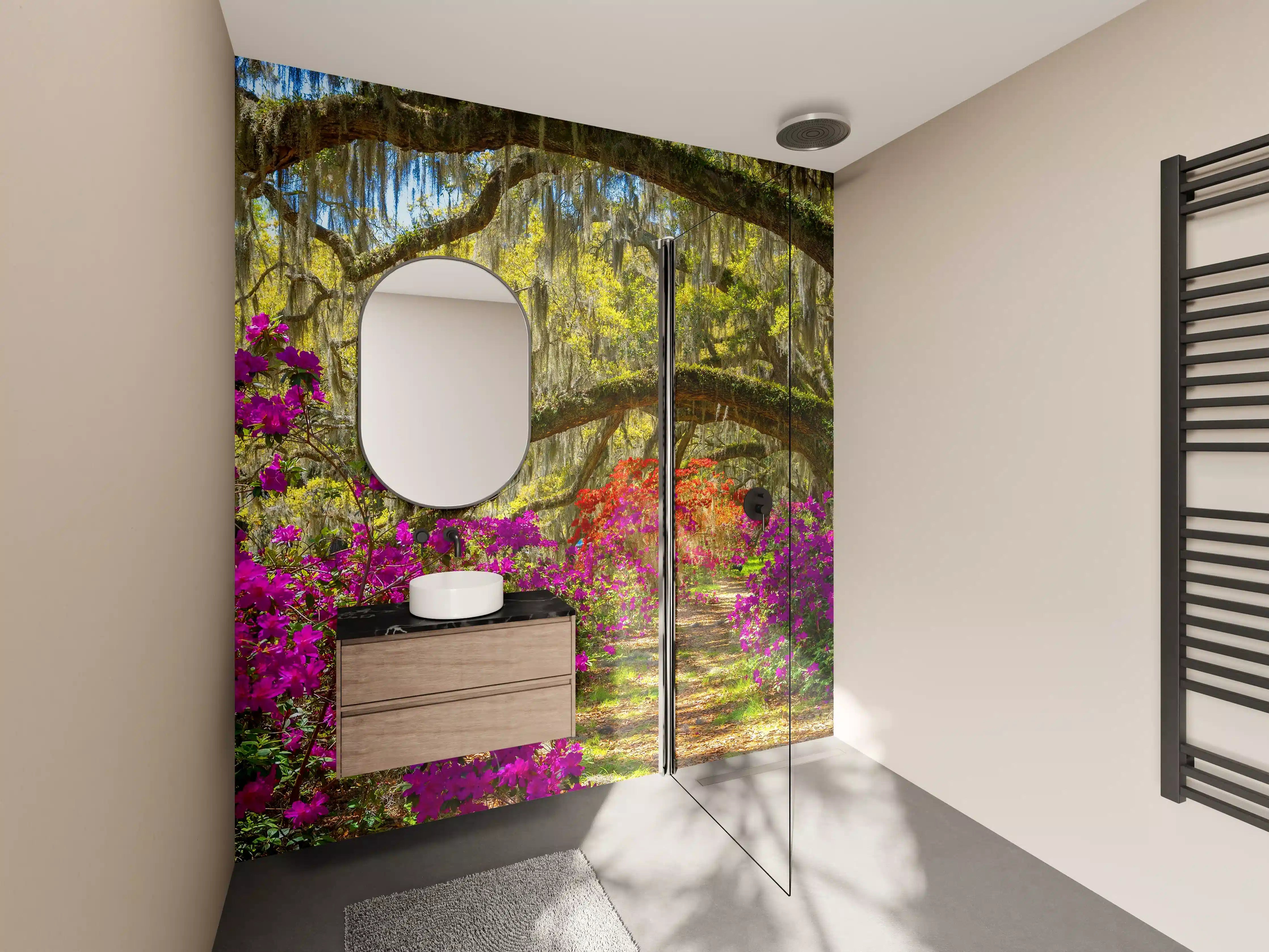 Wandverkleidung Bad - Blühende Gartenlandschaft mit blühenden Blumen und Baum