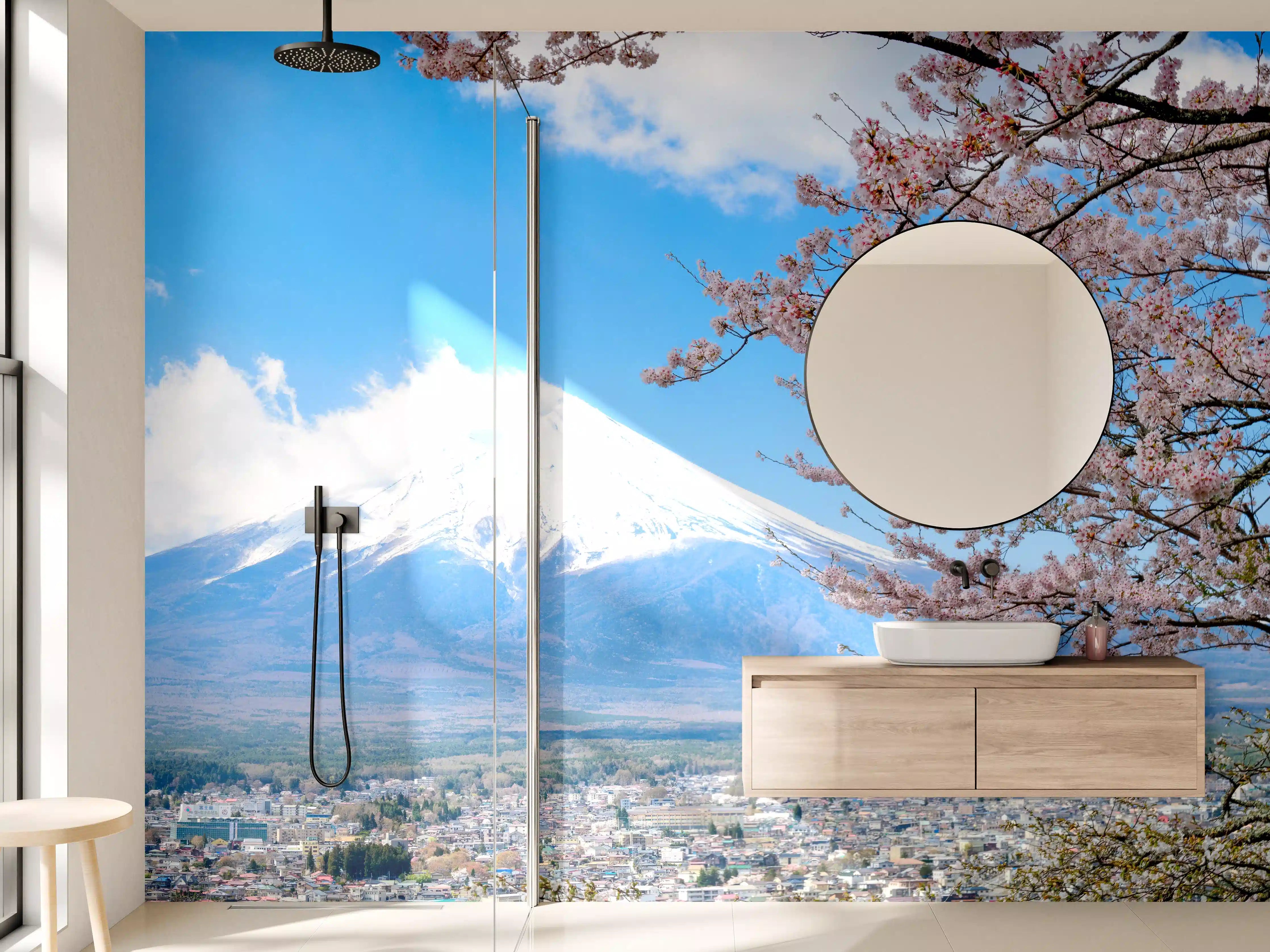 Wandverkleidung Bad - Blühende Kirschbäume vor schneebedecktem Vulkan