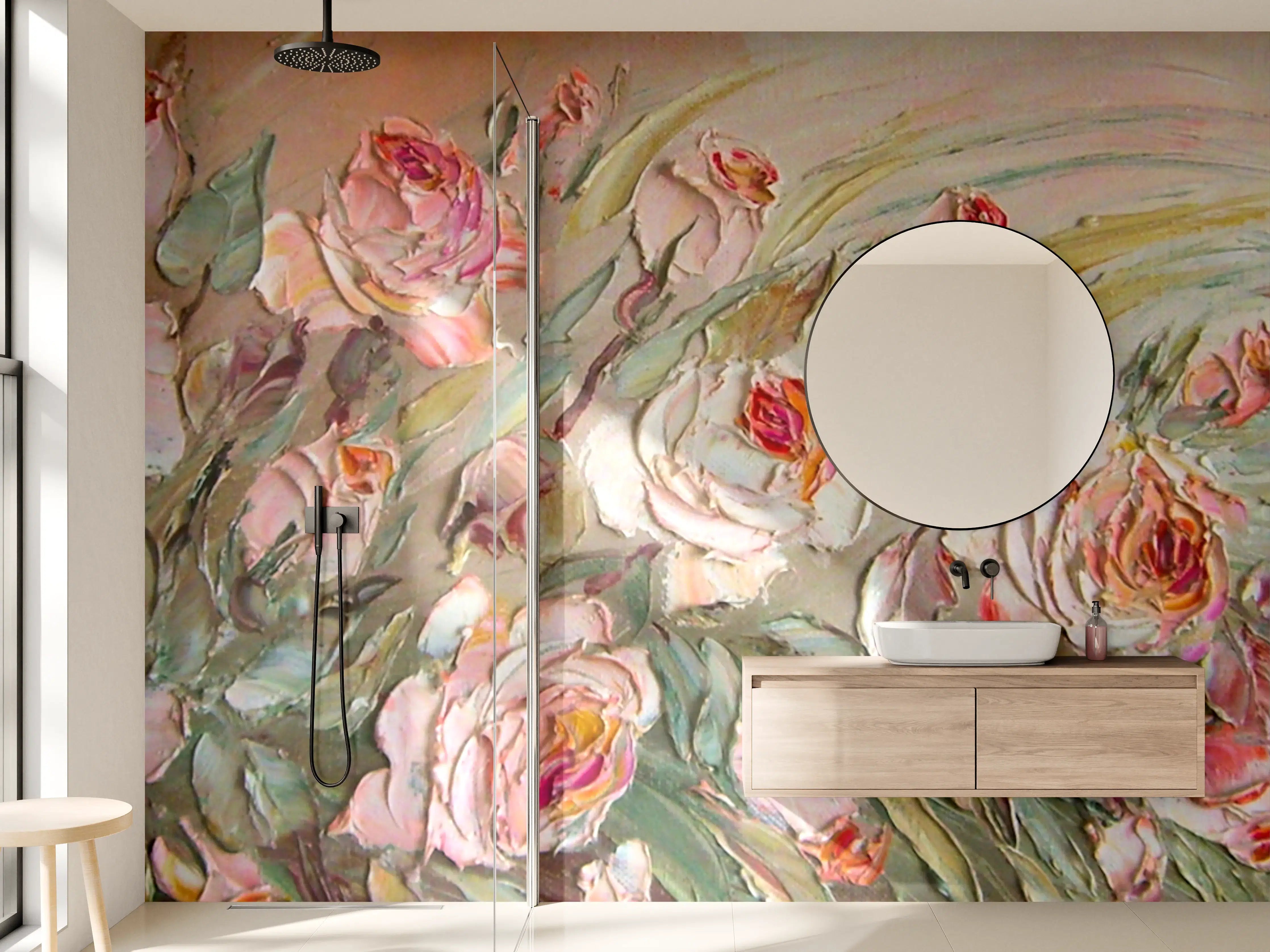 Wandverkleidung Bad - Blühende Rosen in zarter Pastellpalette