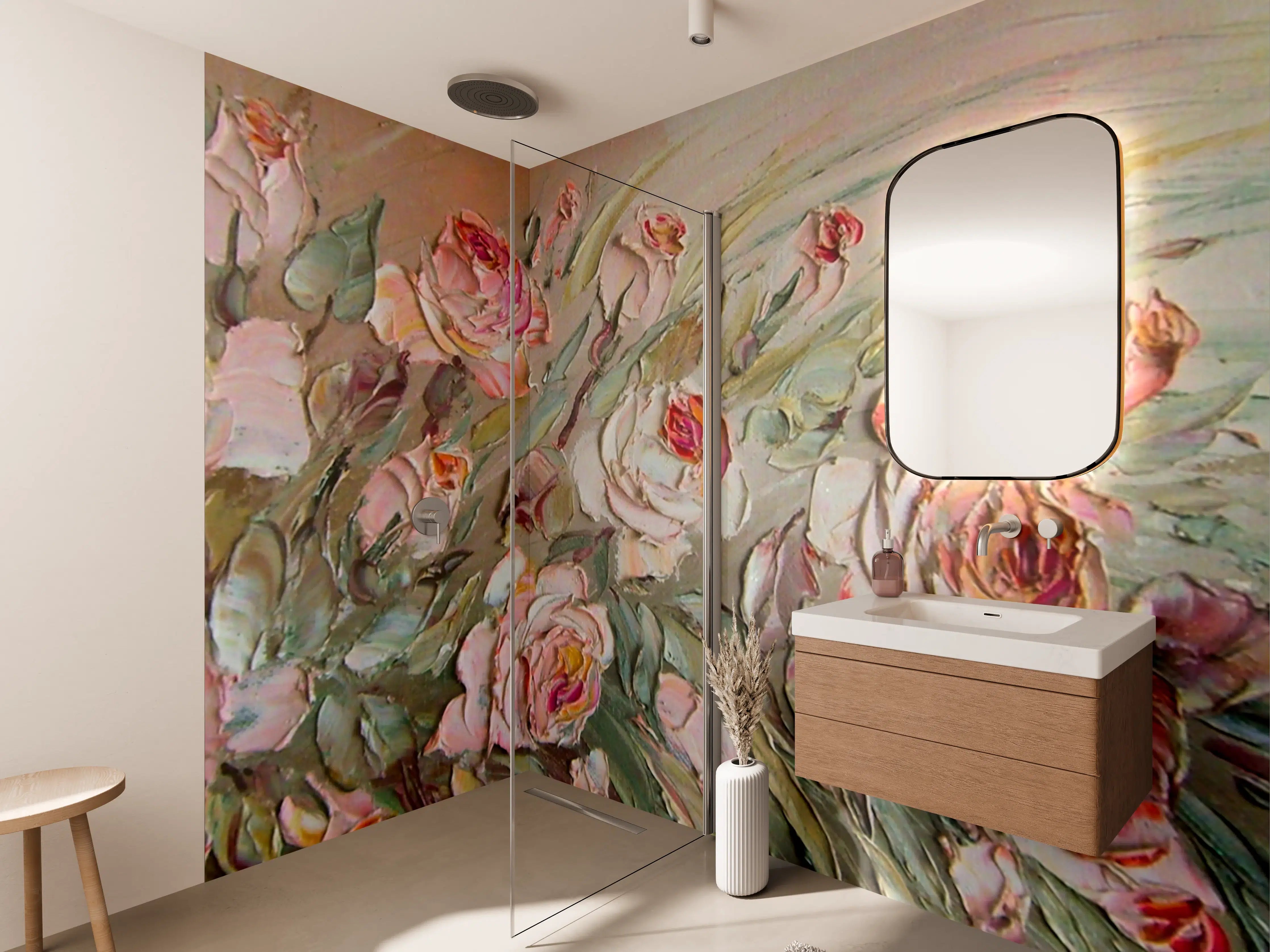 Wandverkleidung Bad - Blühende Rosen in zarter Pastellpalette