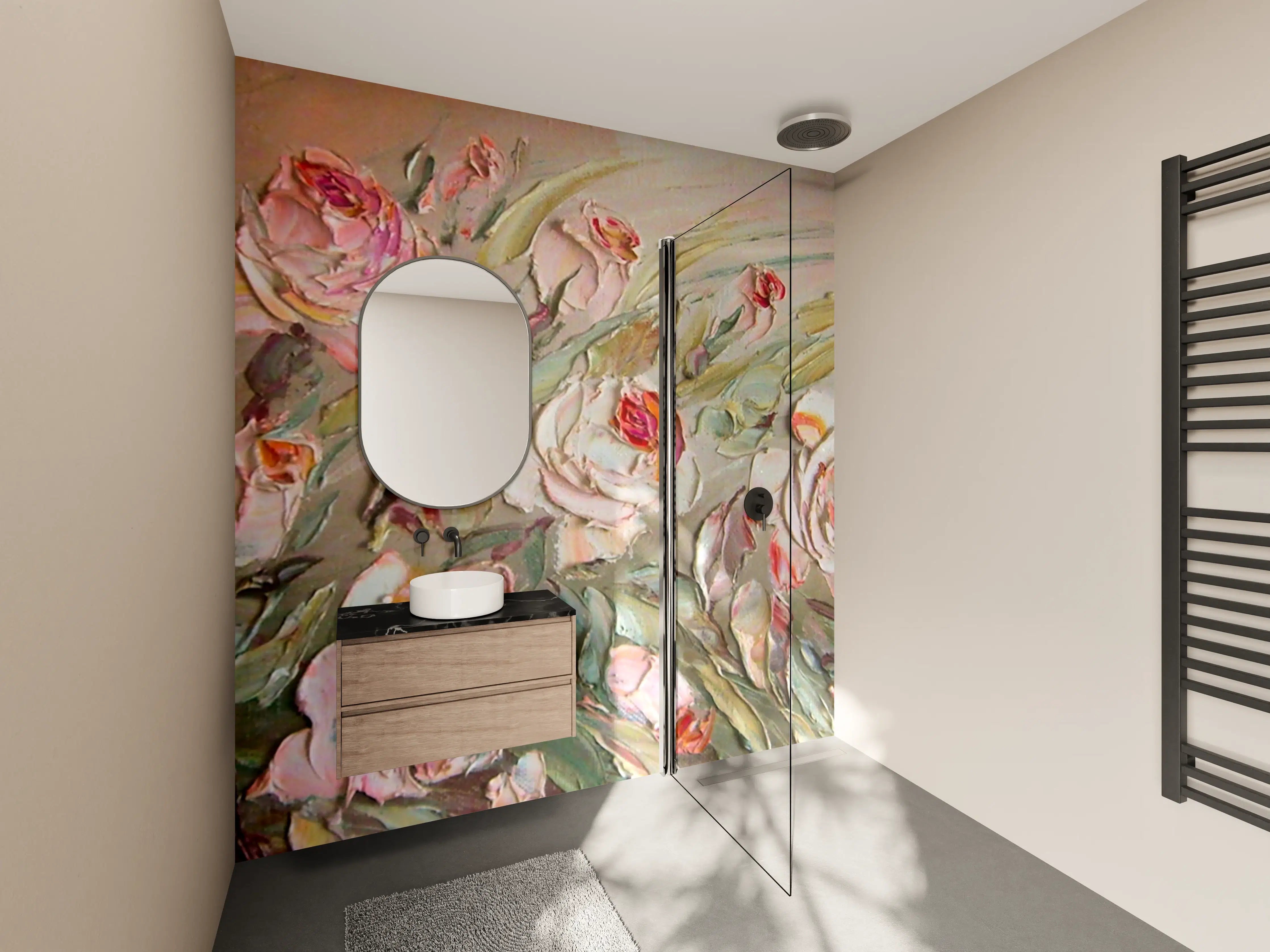 Wandverkleidung Bad - Blühende Rosen in zarter Pastellpalette