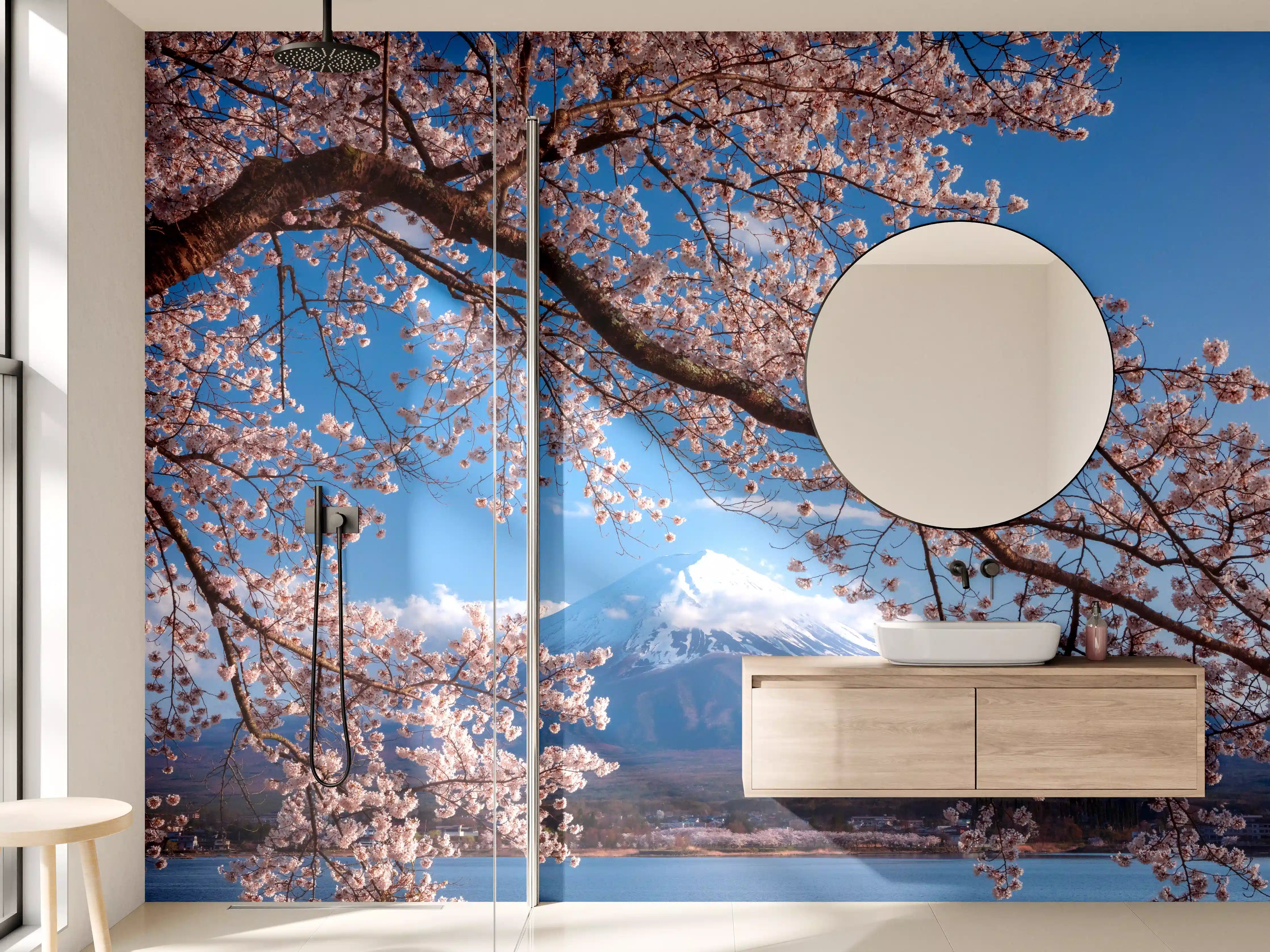 Wandverkleidung Bad - Blühender Kirschbaum vor Mount Fuji