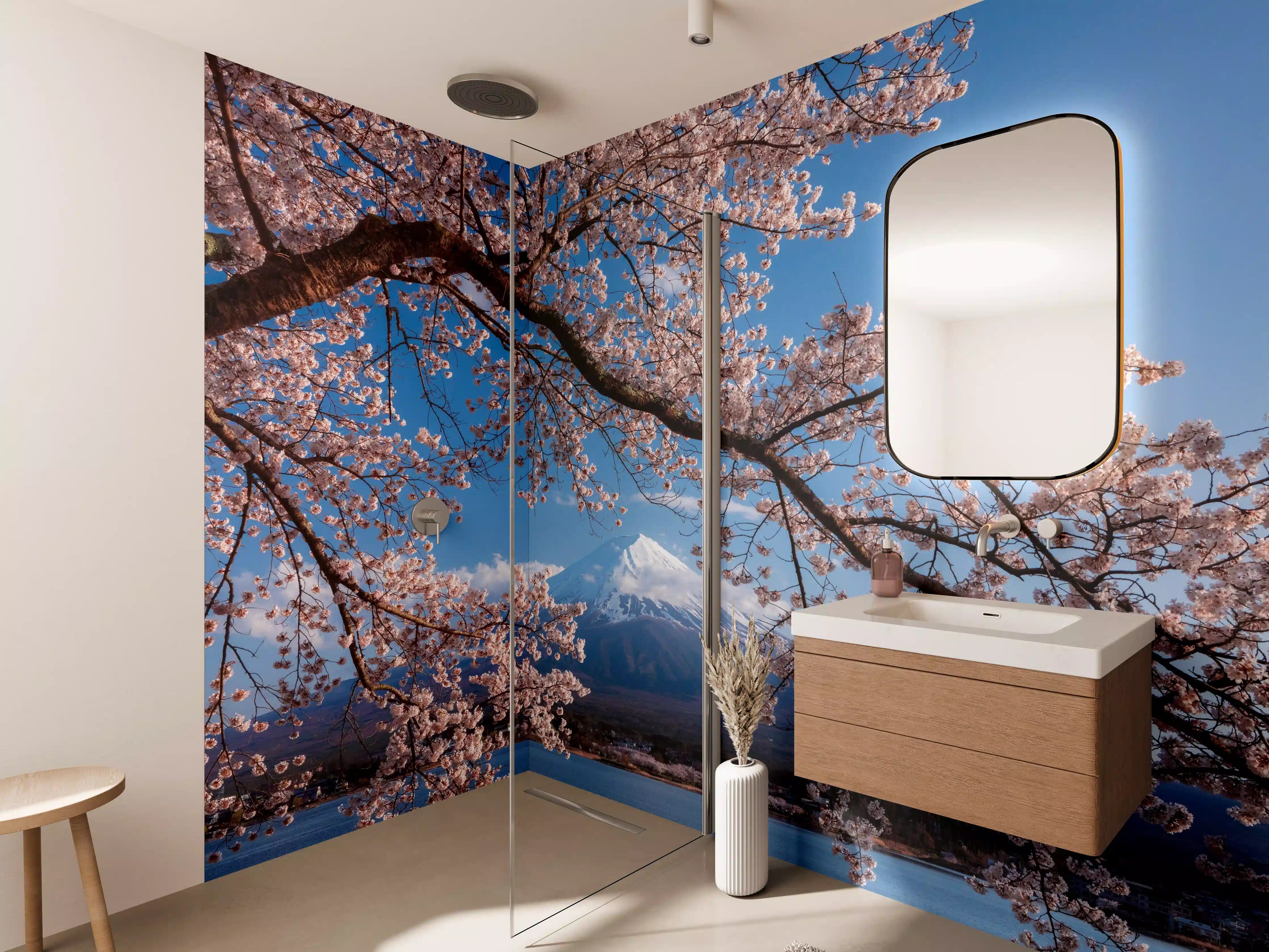 Wandverkleidung Bad - Blühender Kirschbaum vor Mount Fuji