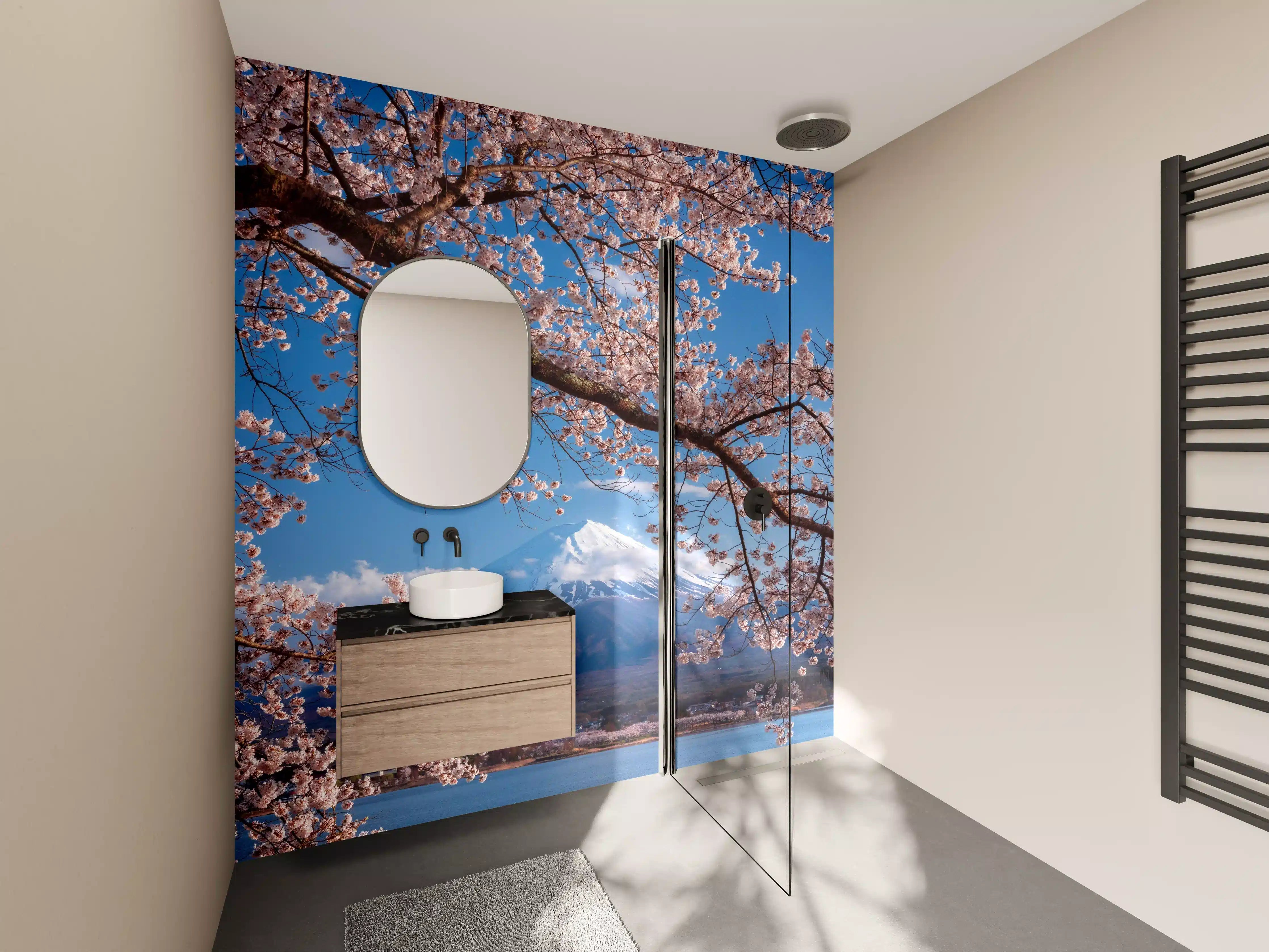 Wandverkleidung Bad - Blühender Kirschbaum vor Mount Fuji