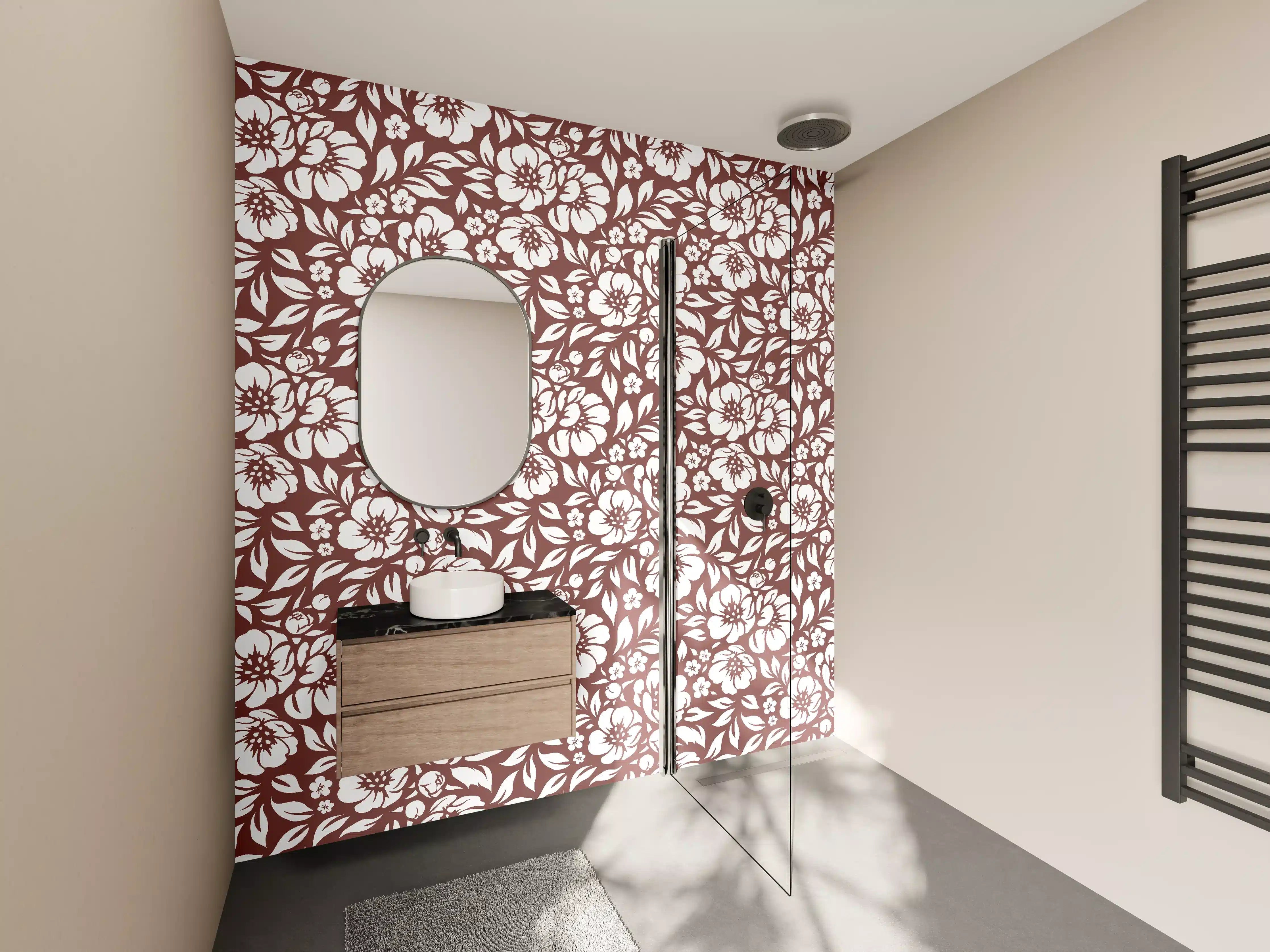 Wandverkleidung Bad - Blühendes Blumenmuster in Weiß auf Braun