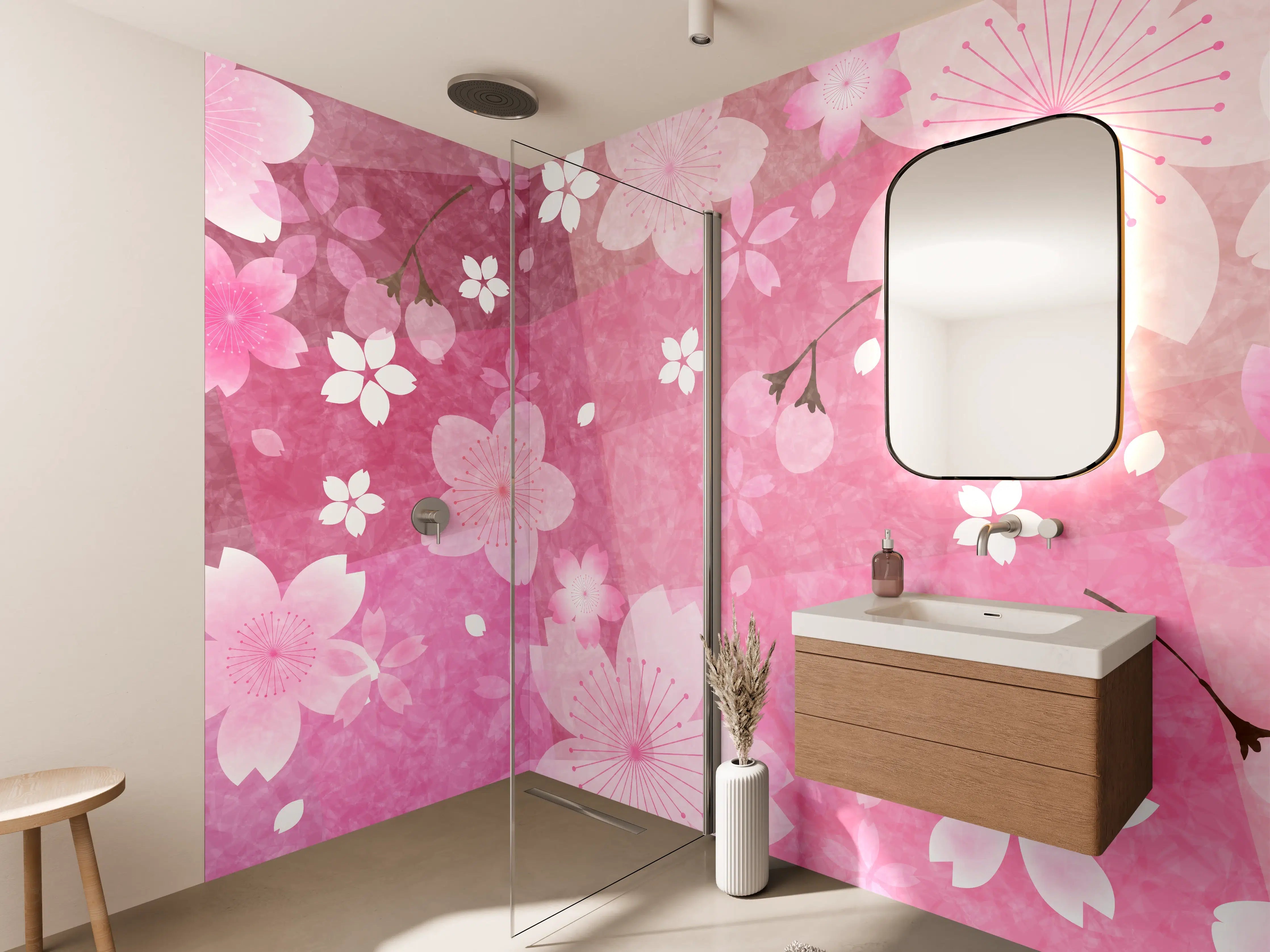 Wandverkleidung Bad - Blühendes Sakura-Muster Rosa