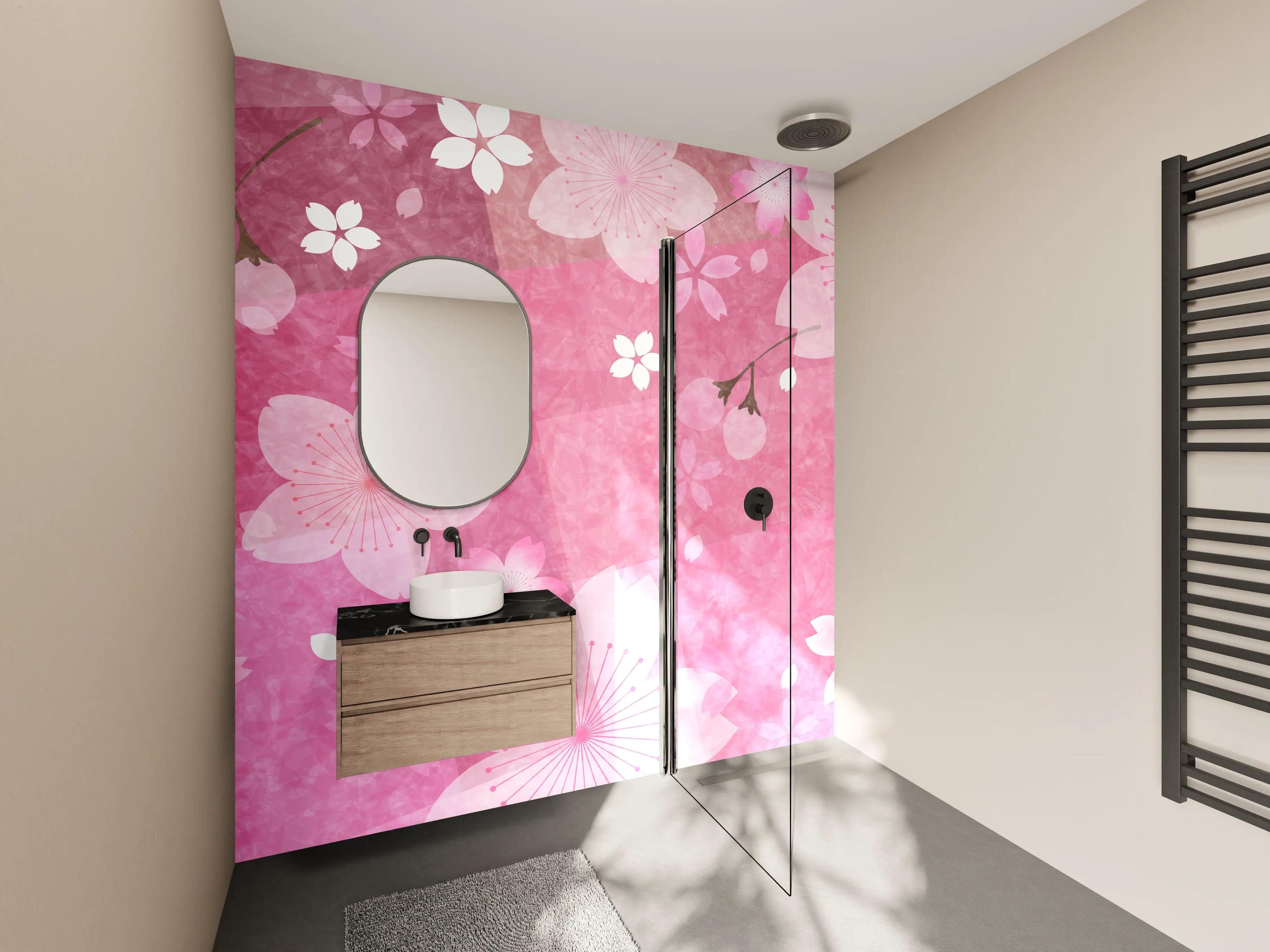 Wandverkleidung Bad - Blühendes Sakura-Muster Rosa