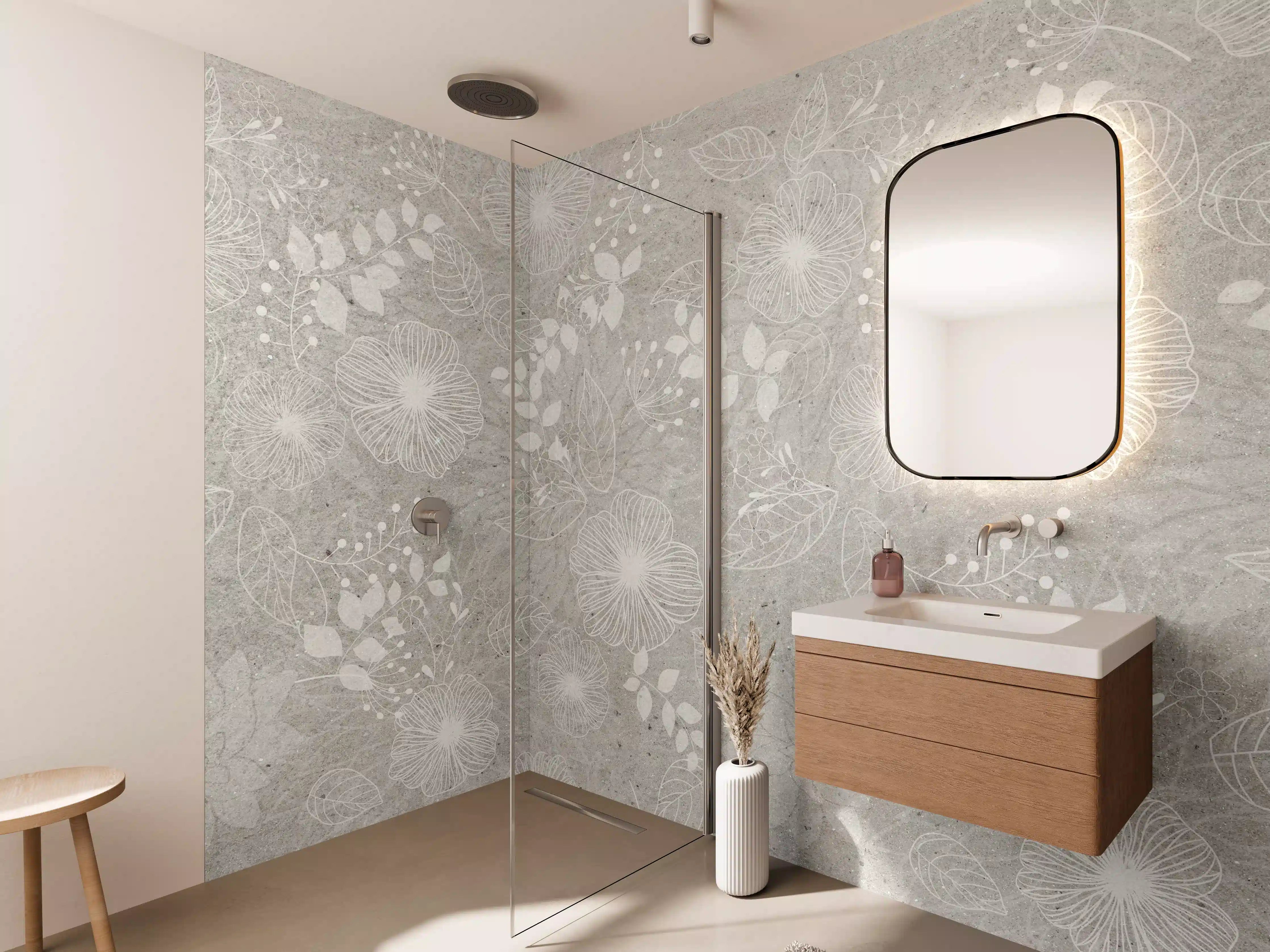 Wandverkleidung Bad - Blumen auf grauem Beton