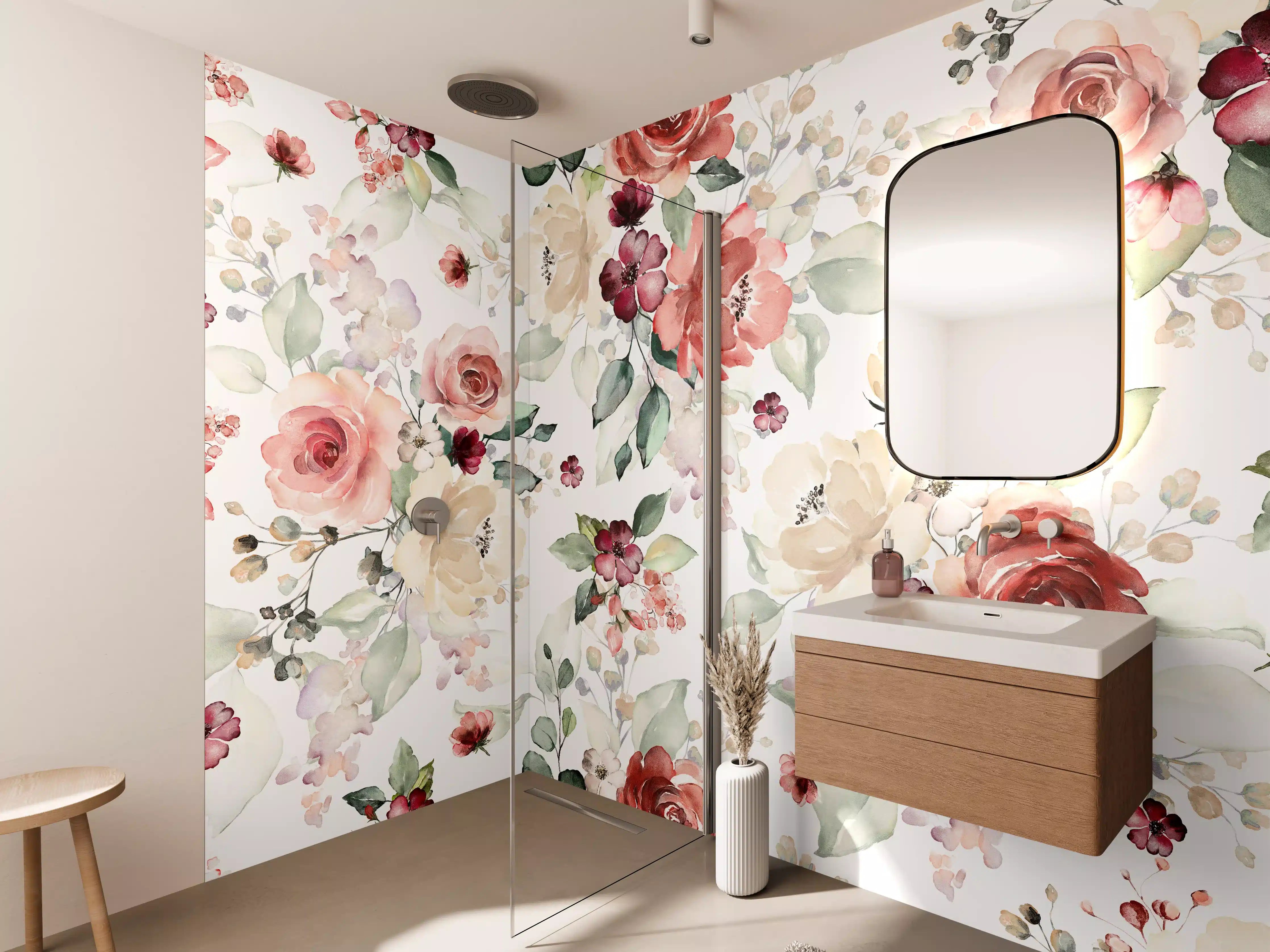Wandverkleidung Bad - Blumen und Blätter im Tapeten-Stil
