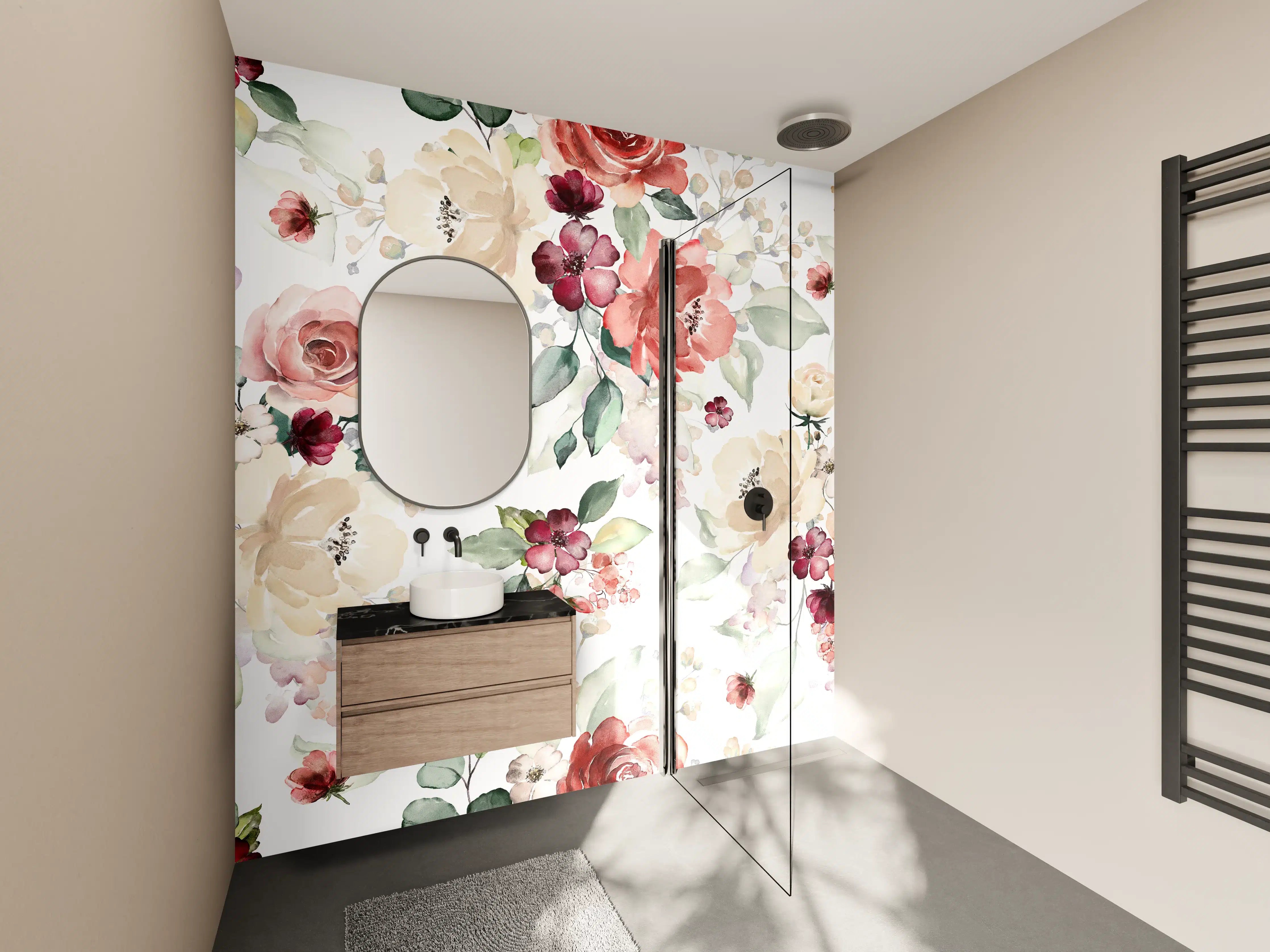 Wandverkleidung Bad - Blumen und Blätter im Tapeten-Stil