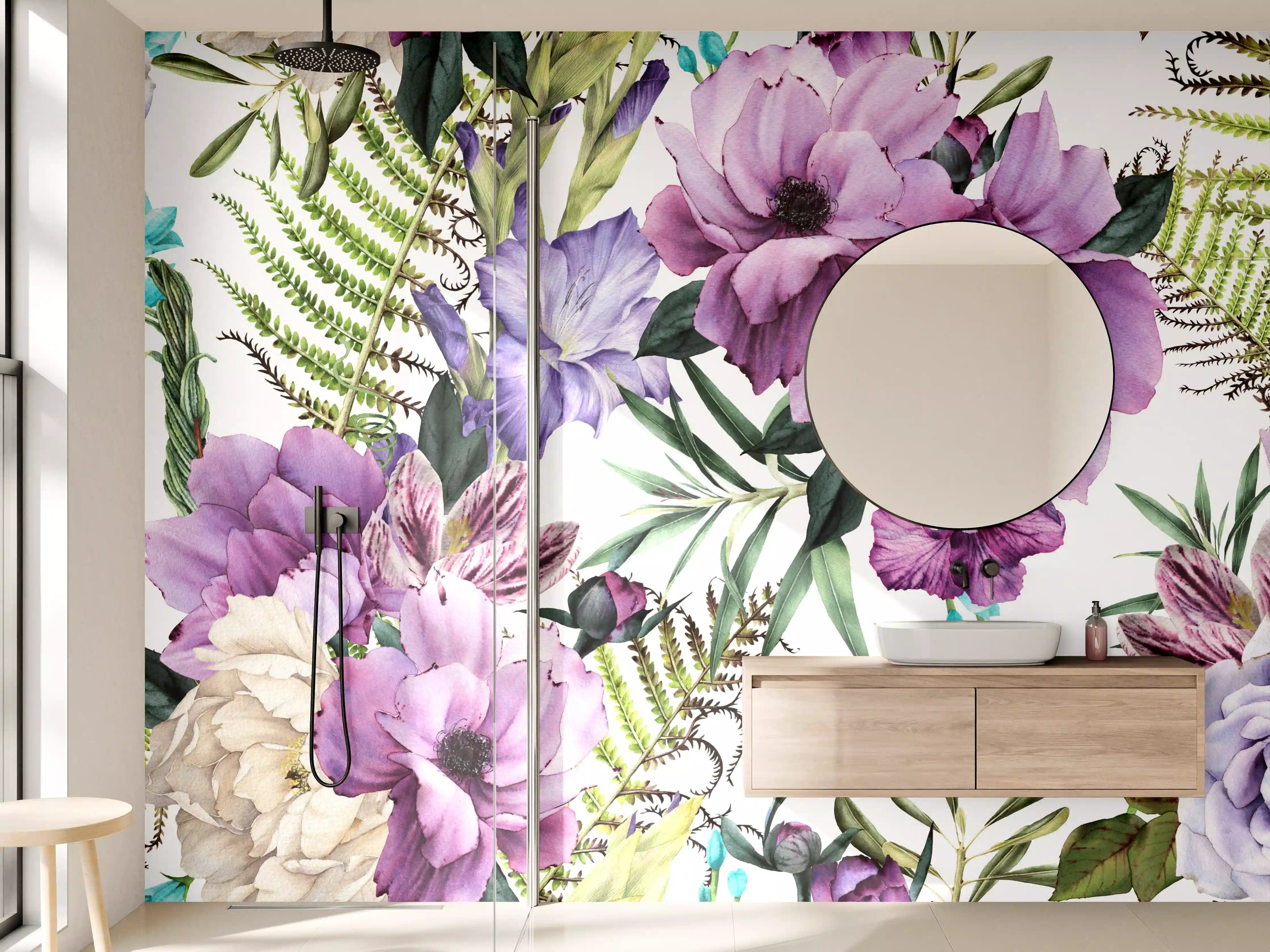 Wandverkleidung Bad - Blumenmuster in zarten Lilatönen und Grün