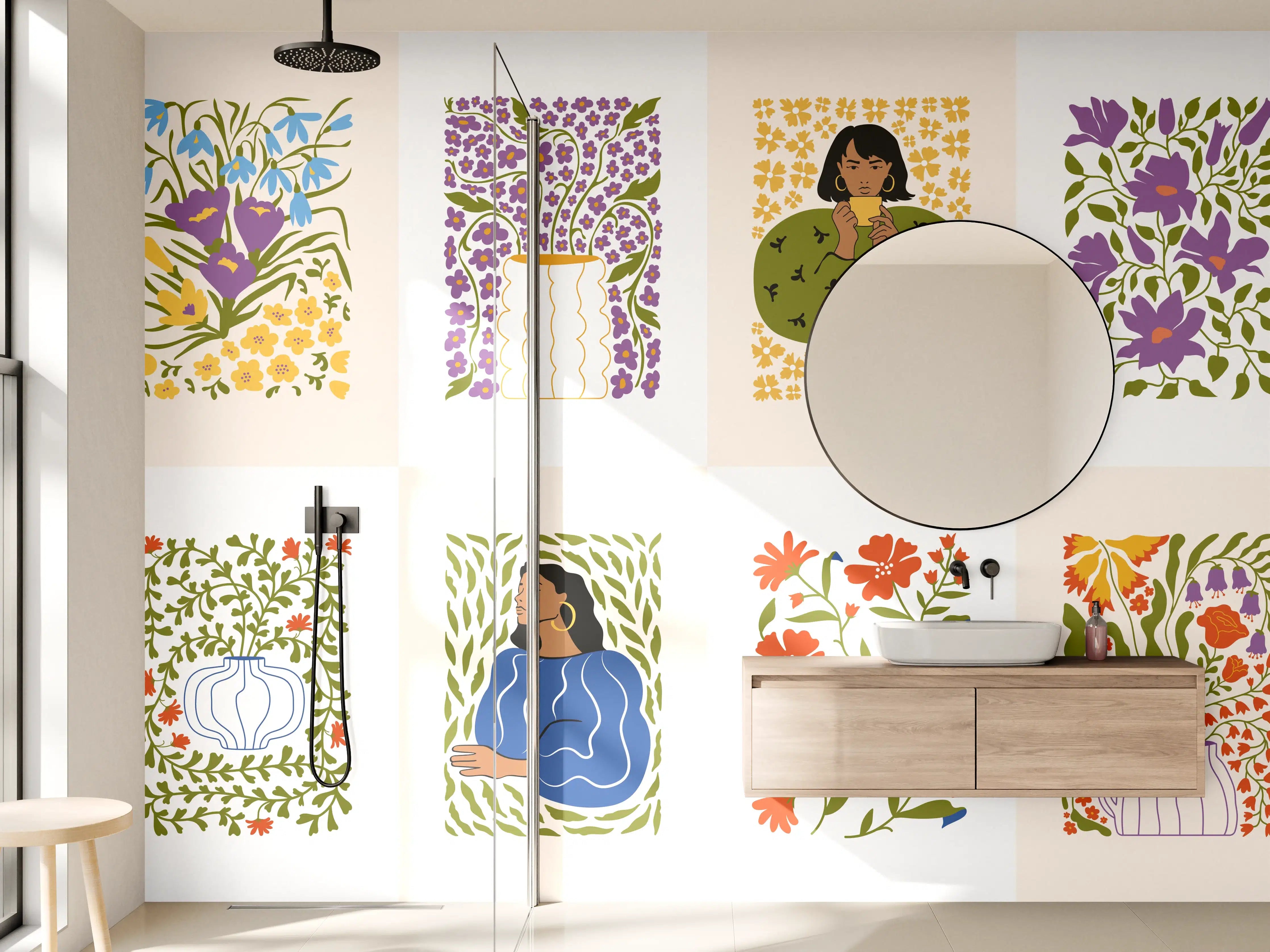 Wandverkleidung Bad - Blumenmuster mit Mädchen in Pastellfarben