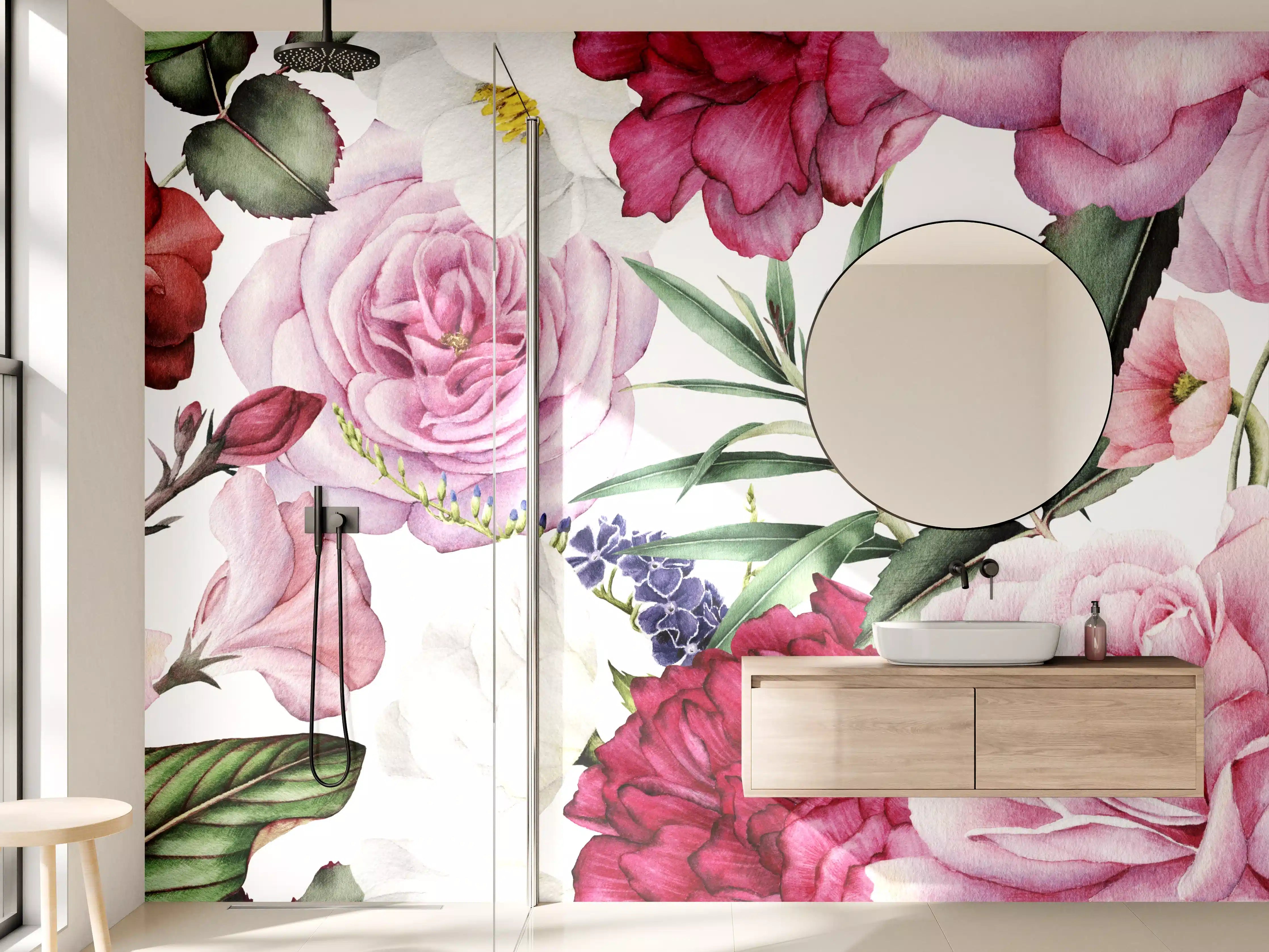 Wandverkleidung Bad - Blumenmuster mit Rosen und Pfingstrosen in Pastellfarben