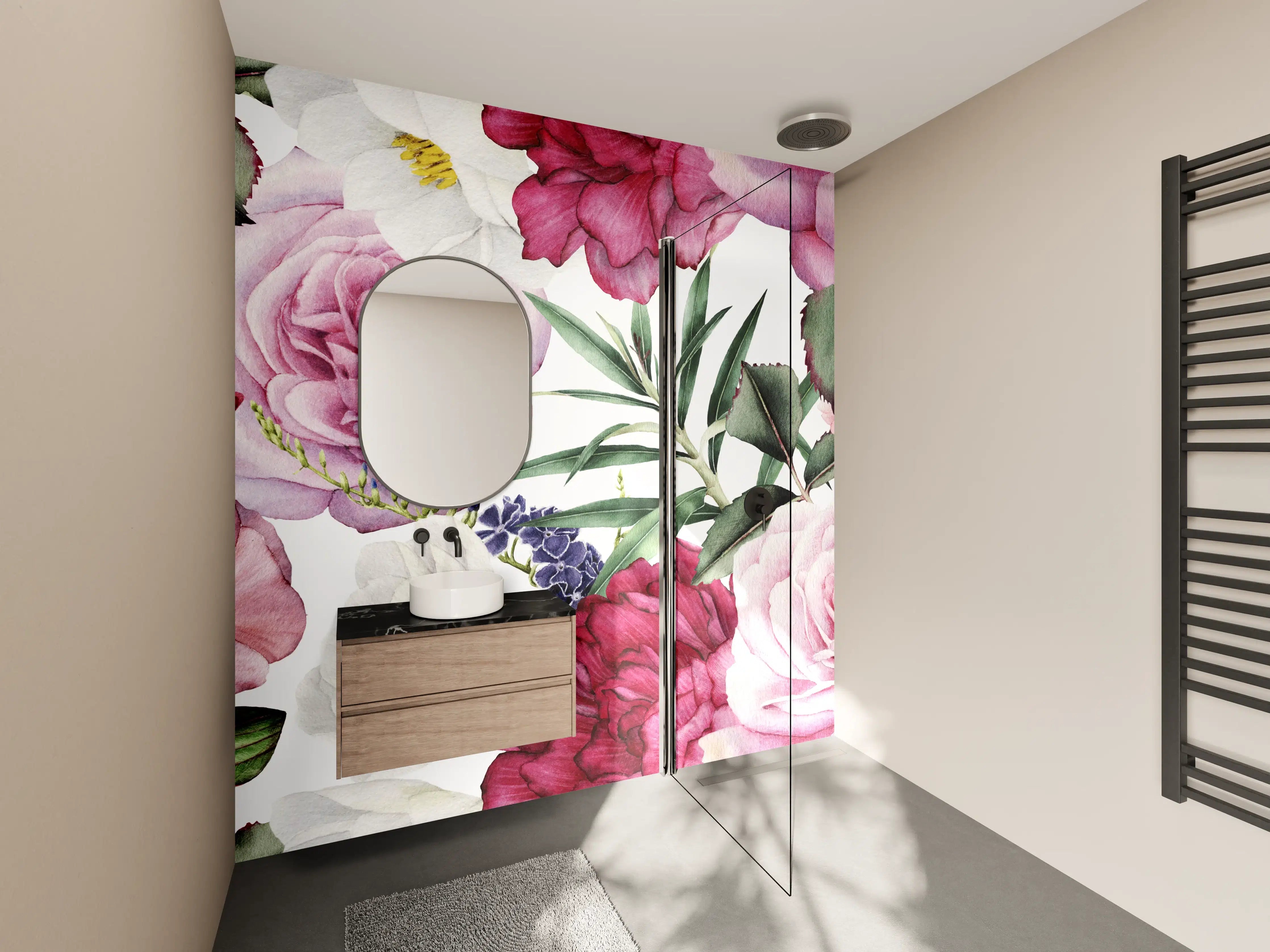 Wandverkleidung Bad - Blumenmuster mit Rosen und Pfingstrosen in Pastellfarben