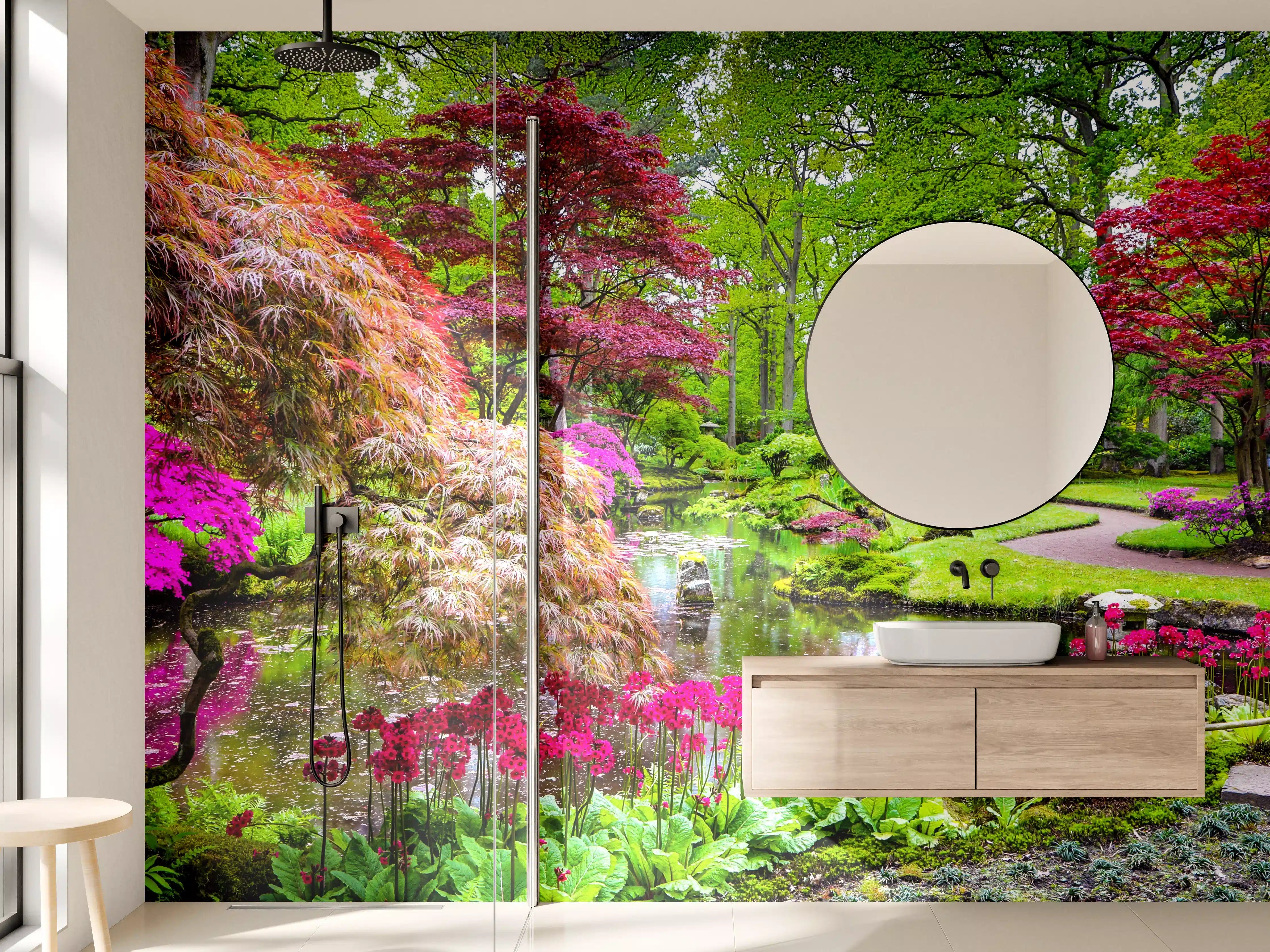 Wandverkleidung Bad - Blumenpracht im japanischen Garten