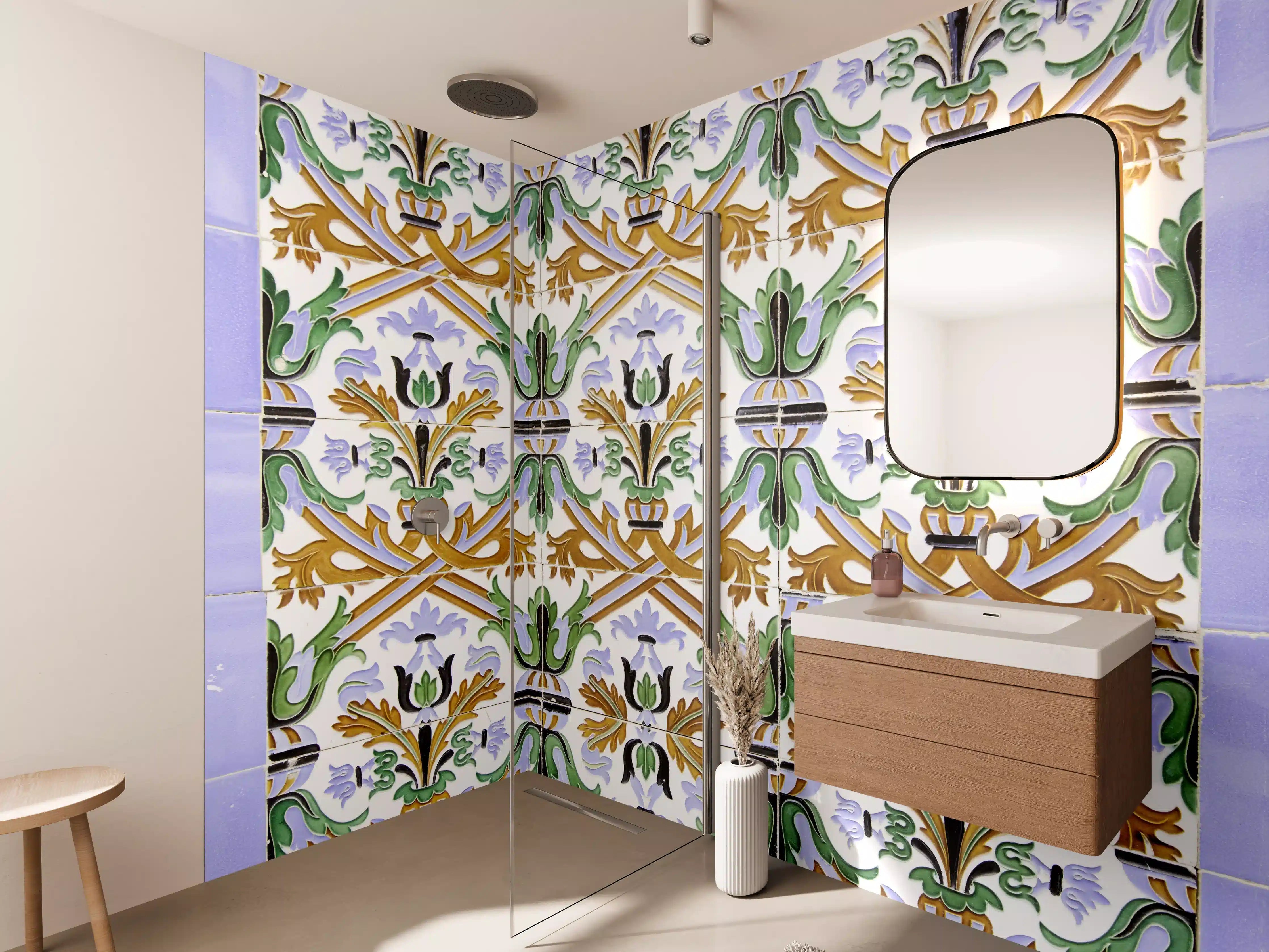 Wandverkleidung Bad - Blumiges Fliesenmuster mit grünen und goldenen Akzenten
