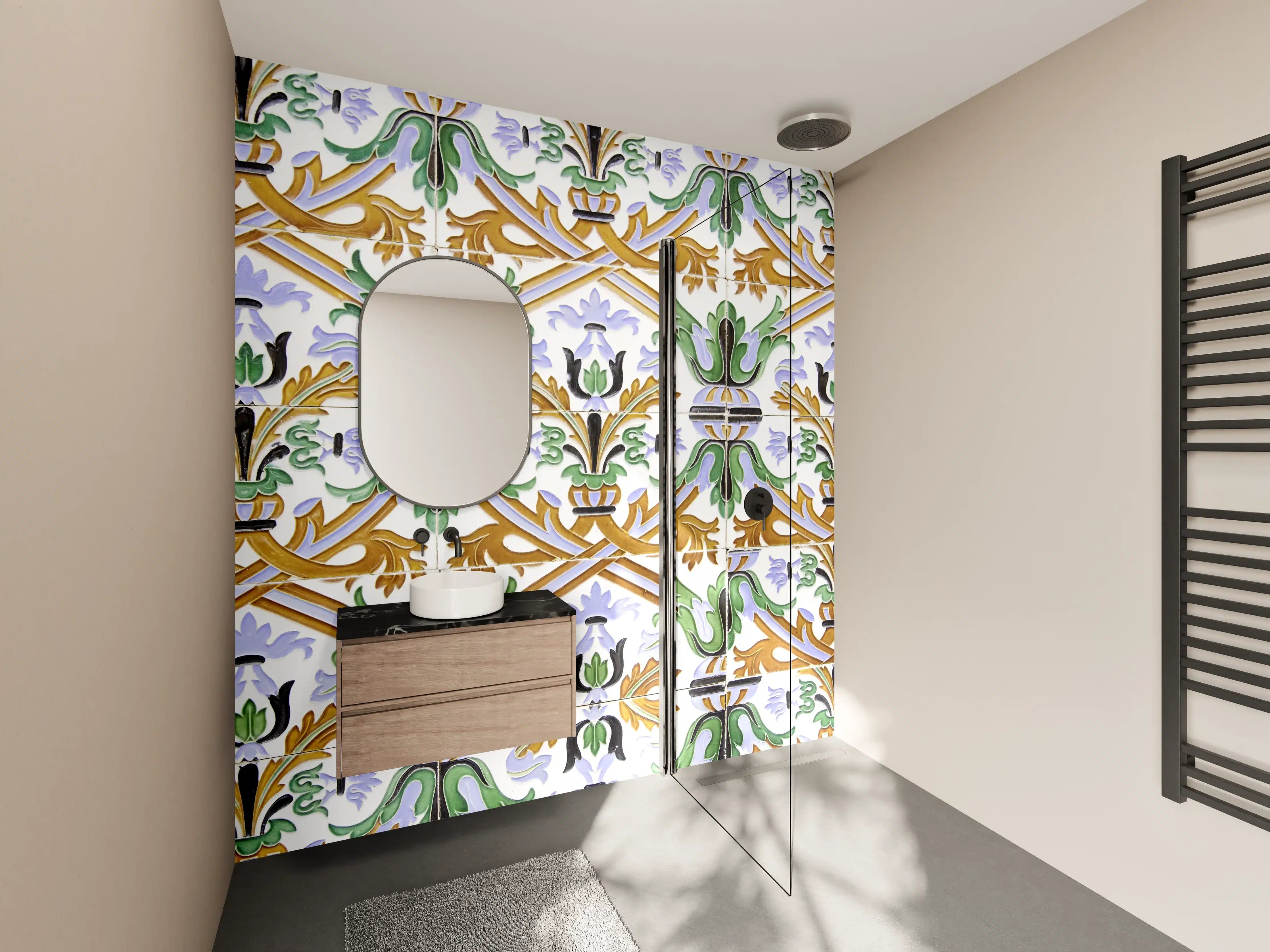 Wandverkleidung Bad - Blumiges Fliesenmuster mit grünen und goldenen Akzenten