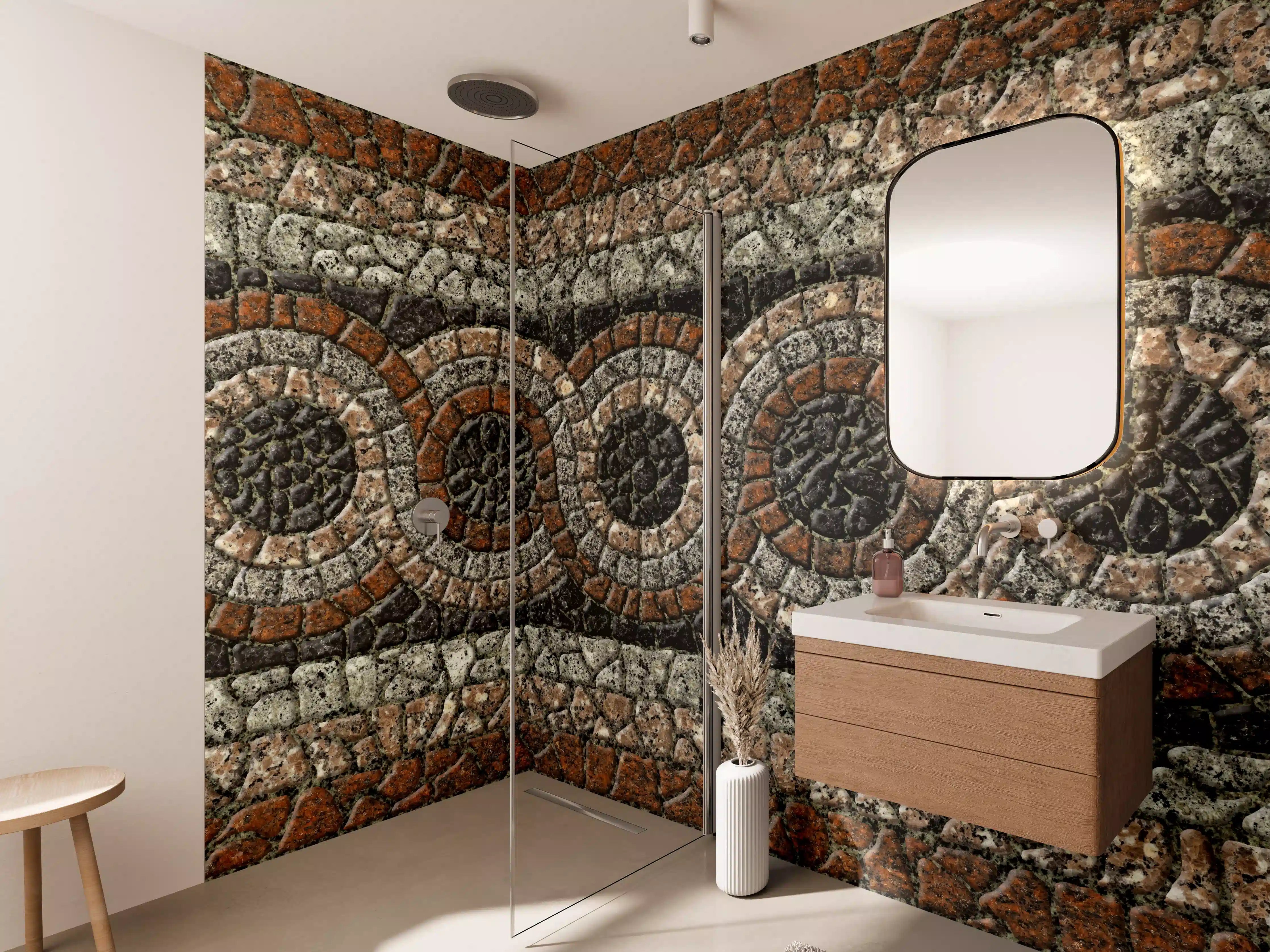 Wandverkleidung Bad - Braun-Beige Steinmosaik Bordüre