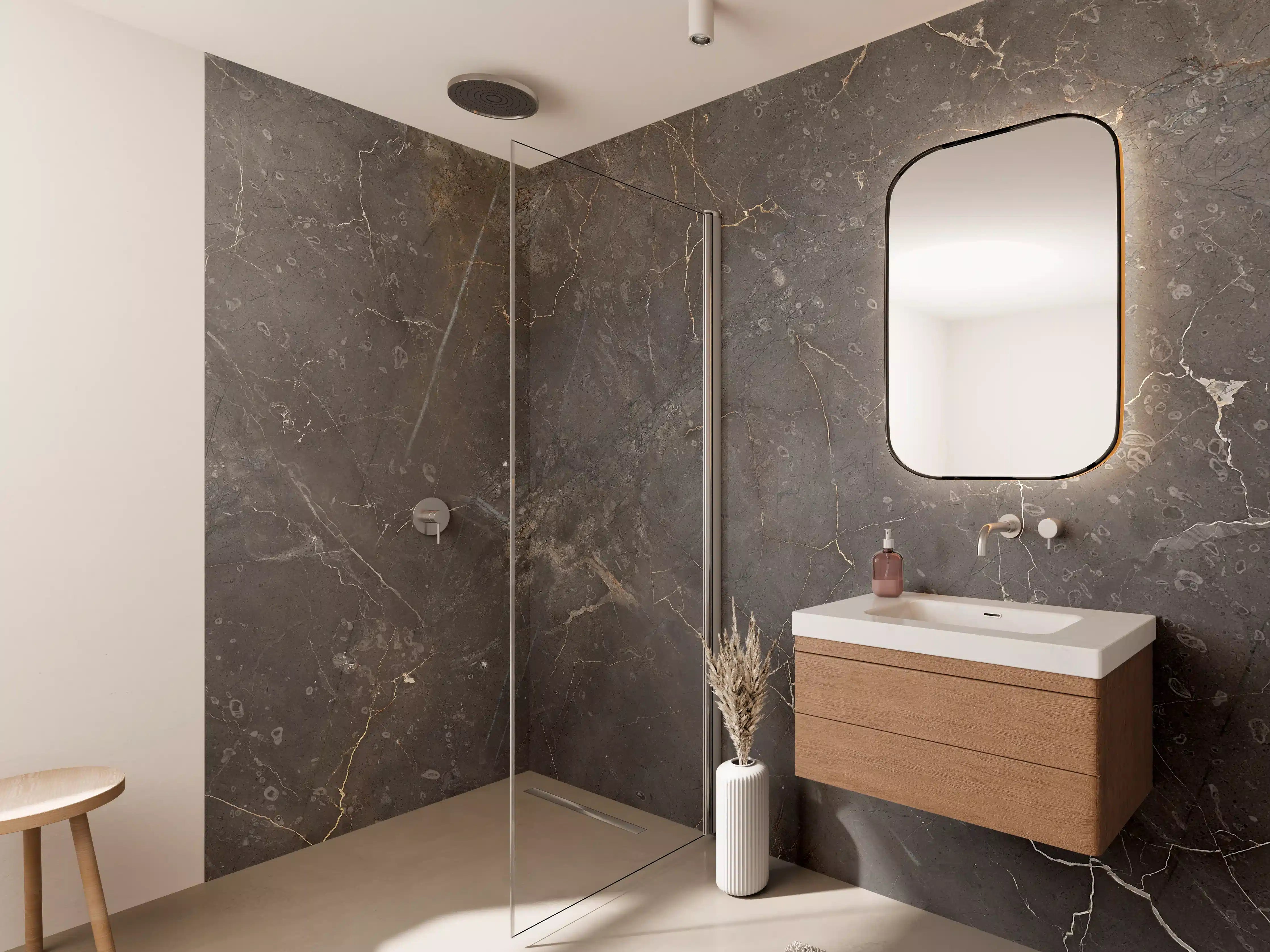 Wandverkleidung Bad - Braun-Grauer Marmor mit Adern