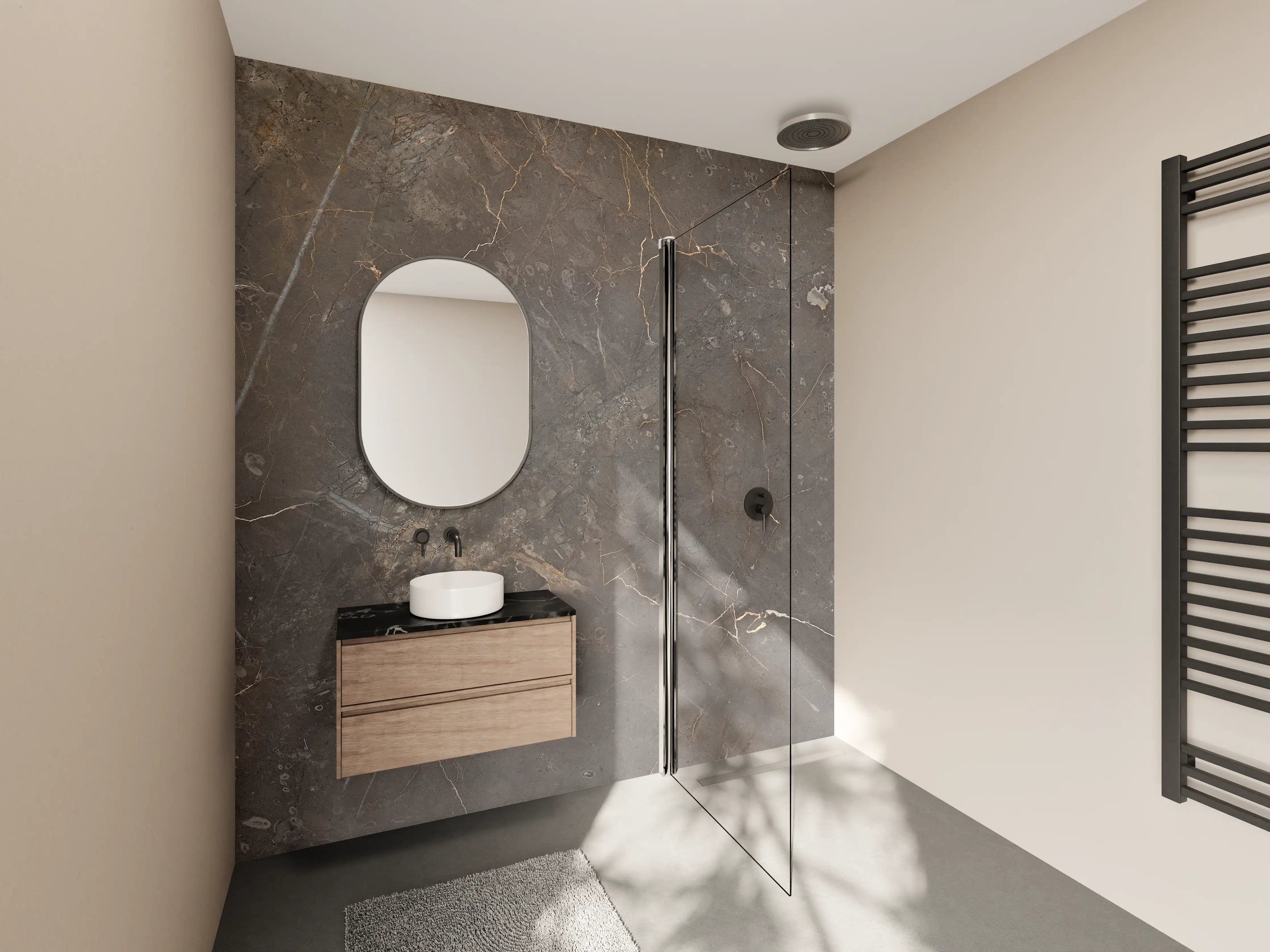 Wandverkleidung Bad - Braun-Grauer Marmor mit Adern