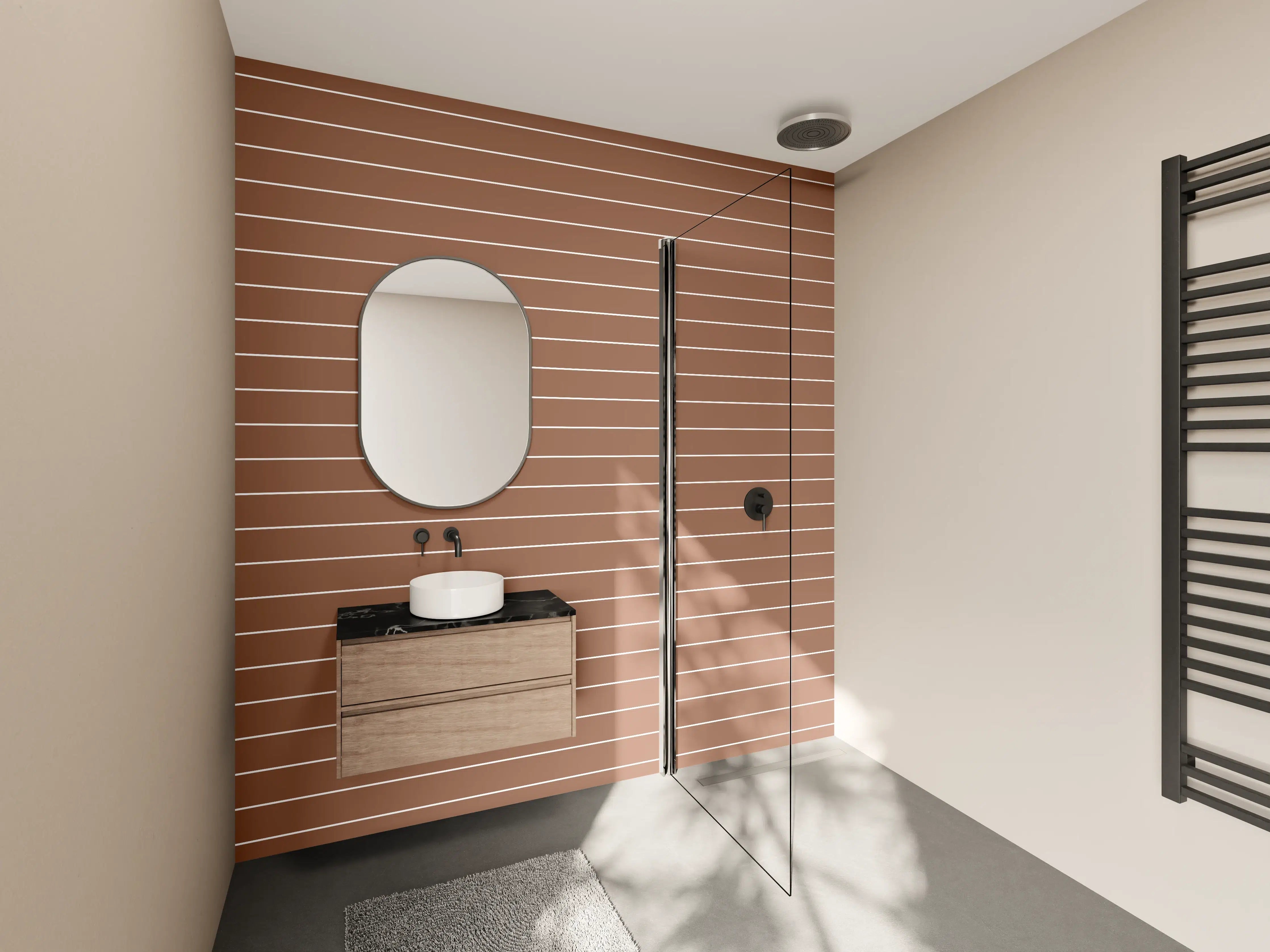 Wandverkleidung Bad - Braune Holzmaserung mit Linienmuster