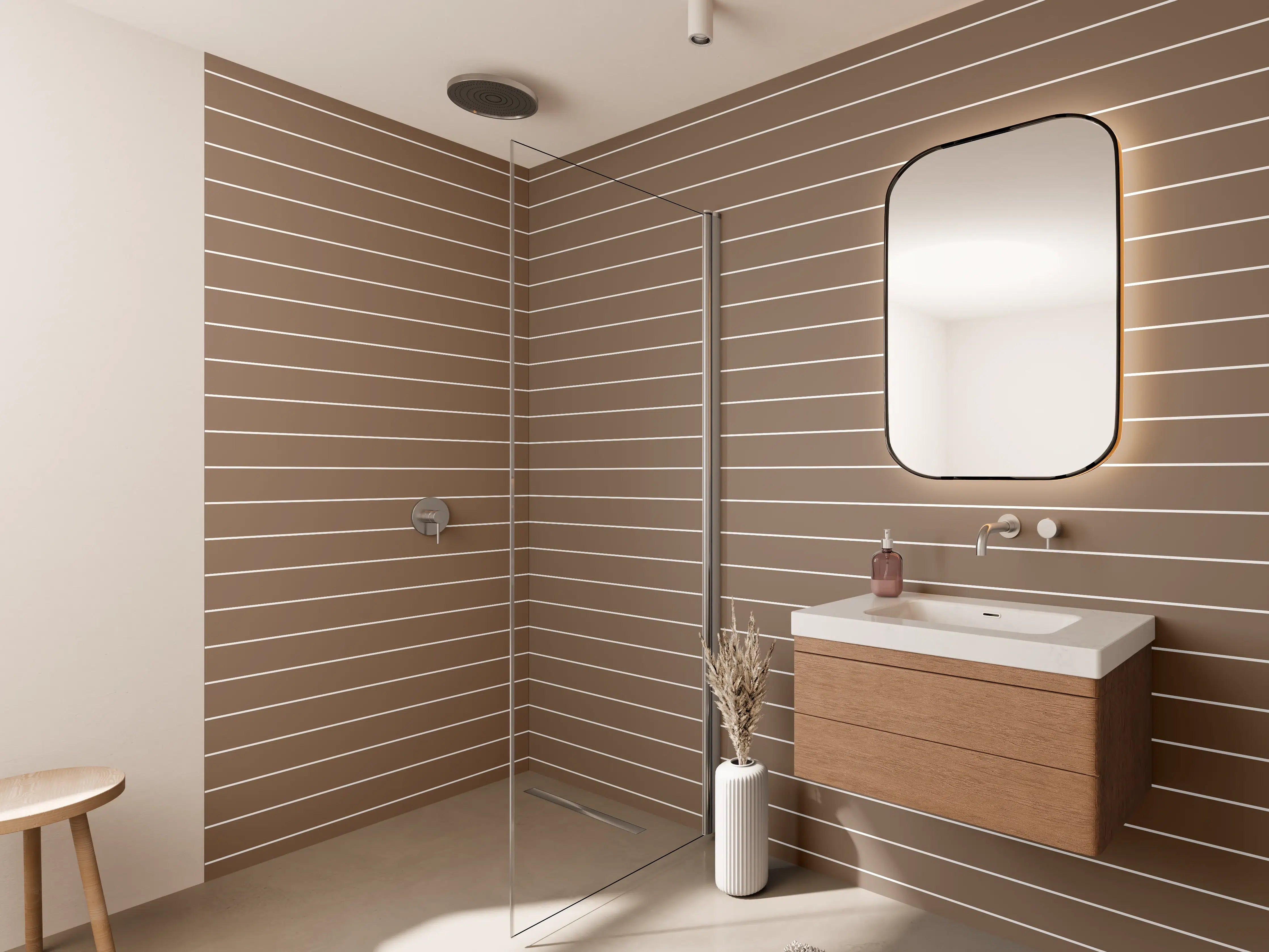 Wandverkleidung Bad - Braune Holzoptik mit Linien