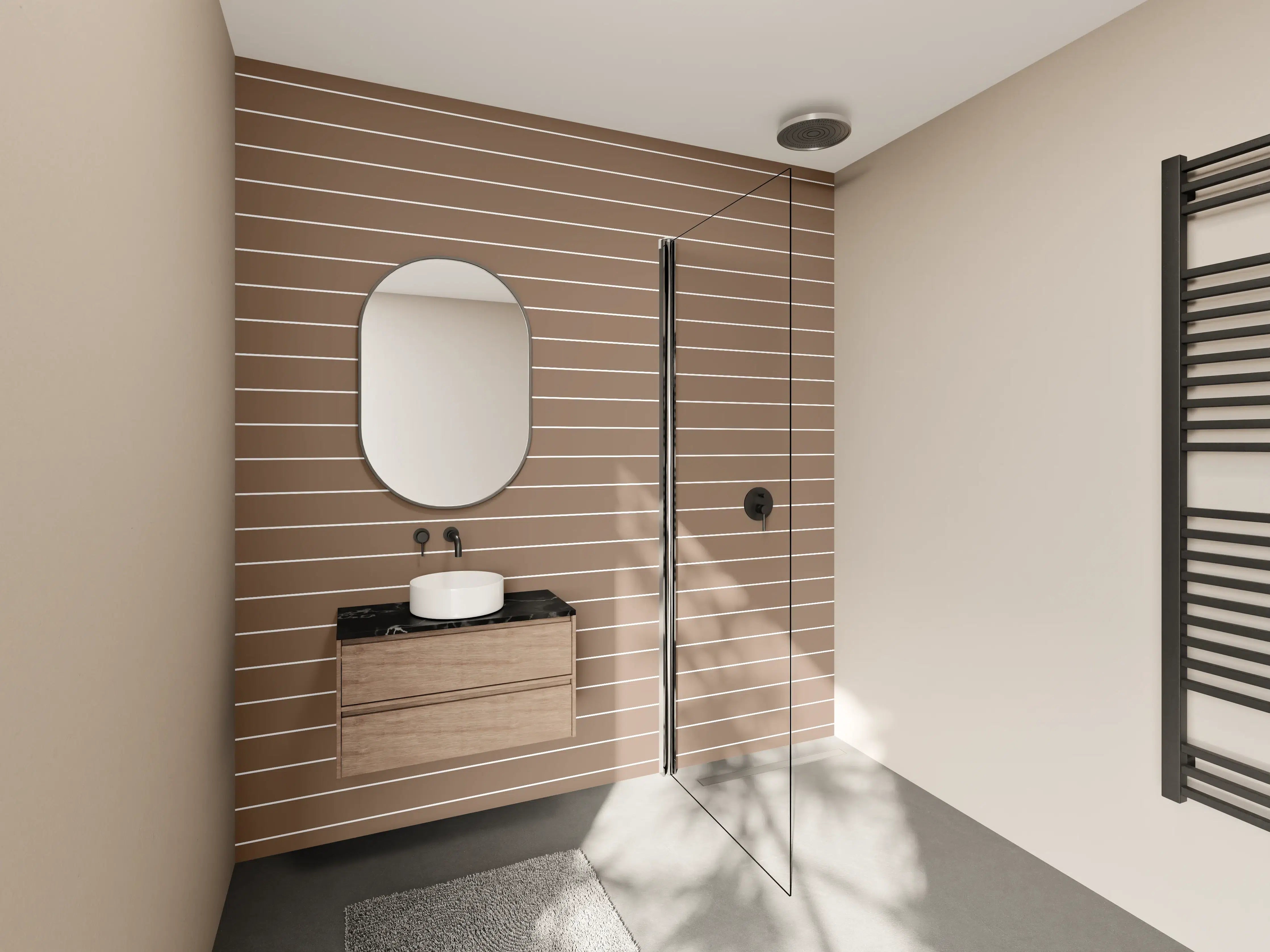 Wandverkleidung Bad - Braune Holzoptik mit Linien