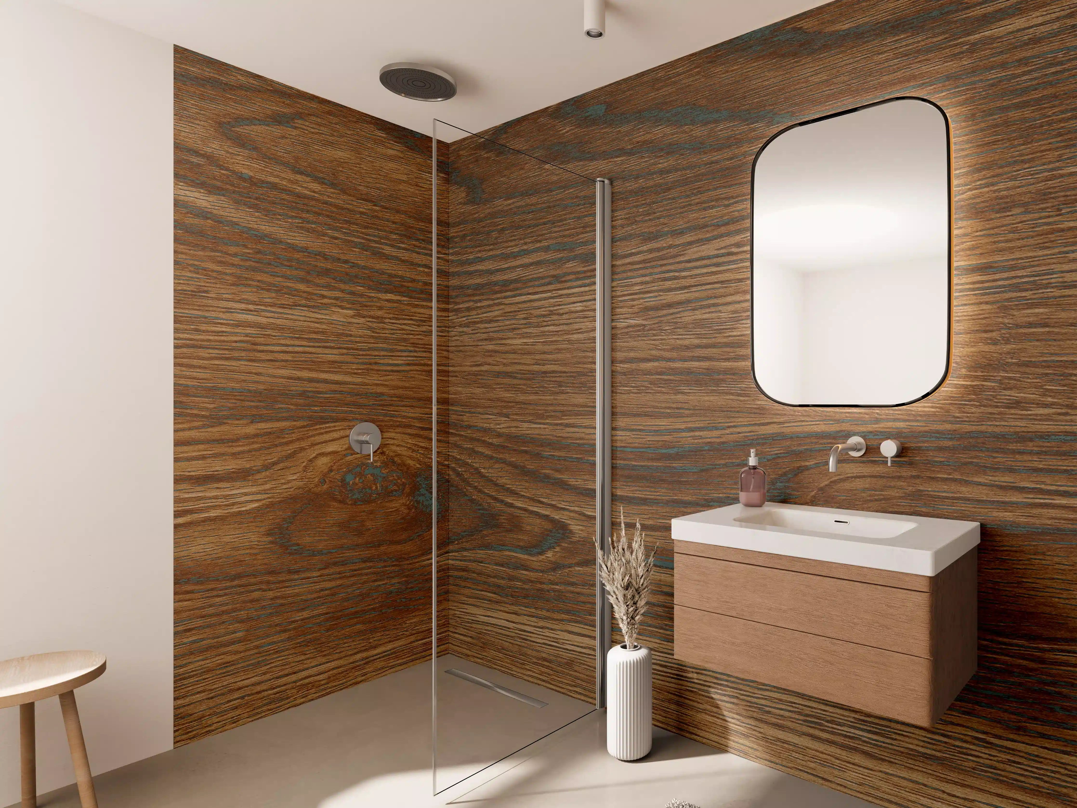 Wandverkleidung Bad - Braune Holztextur mit Streifenmuster