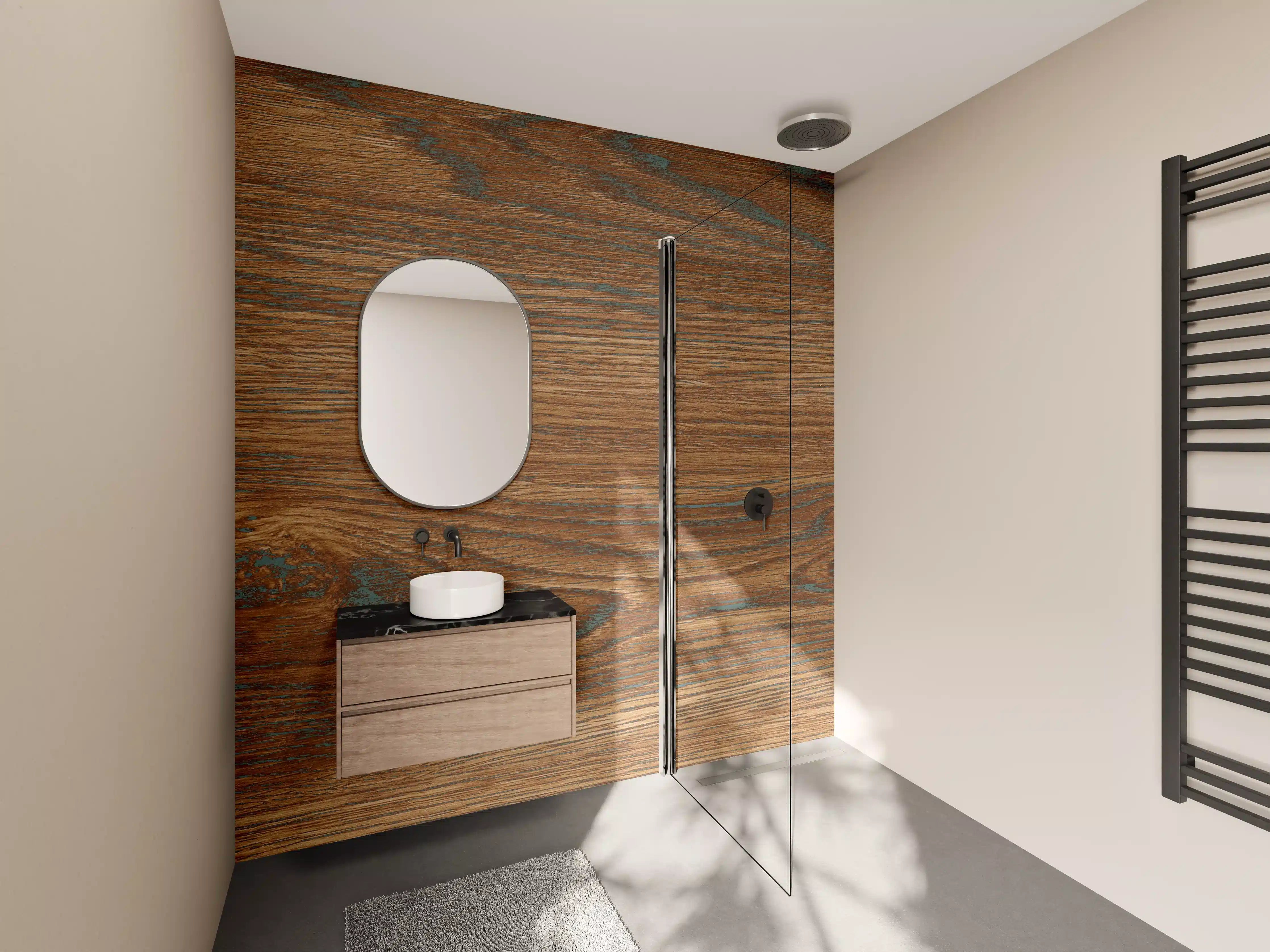 Wandverkleidung Bad - Braune Holztextur mit Streifenmuster