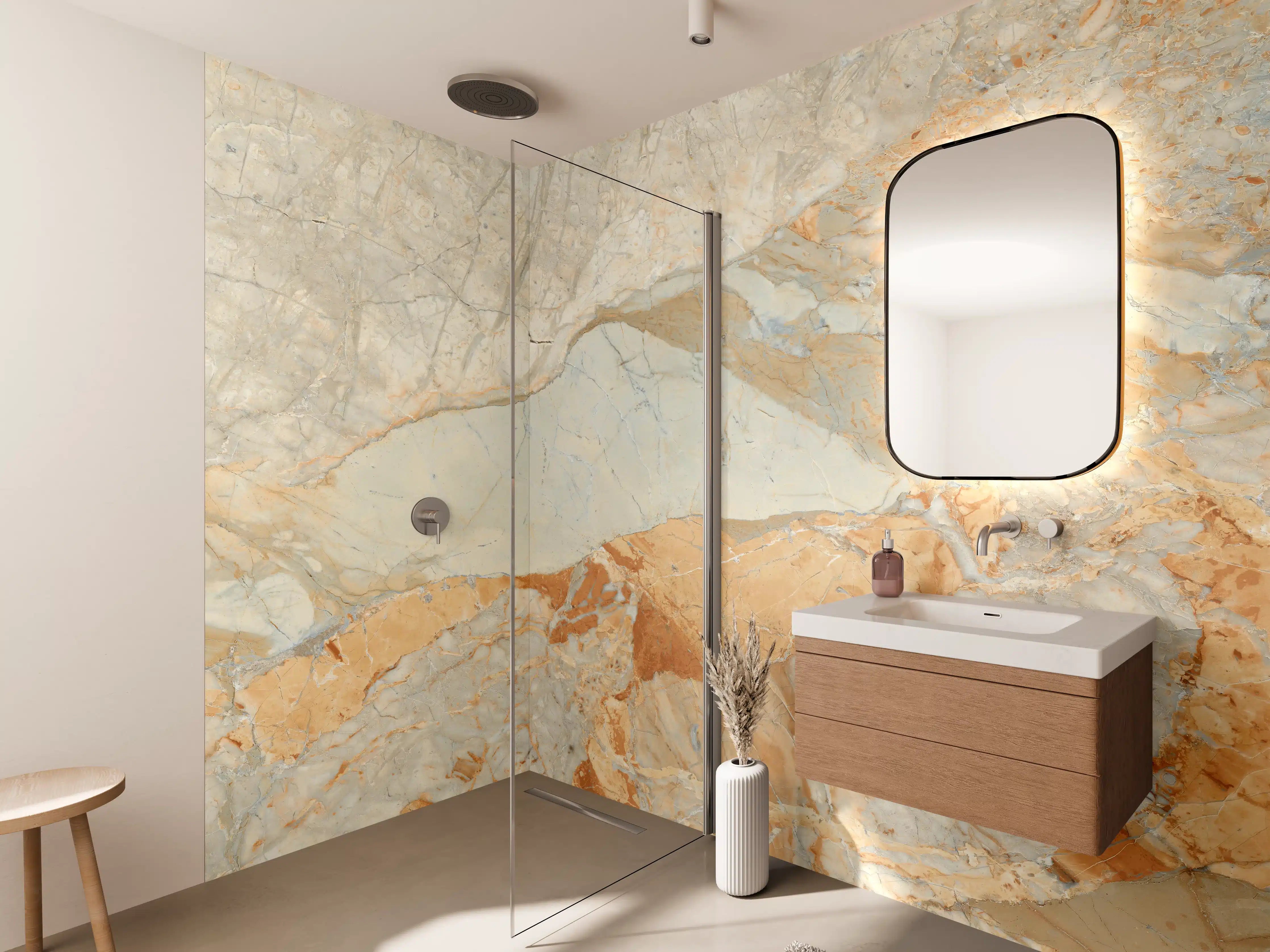 Wandverkleidung Bad - Brauner Marmor mit Adern