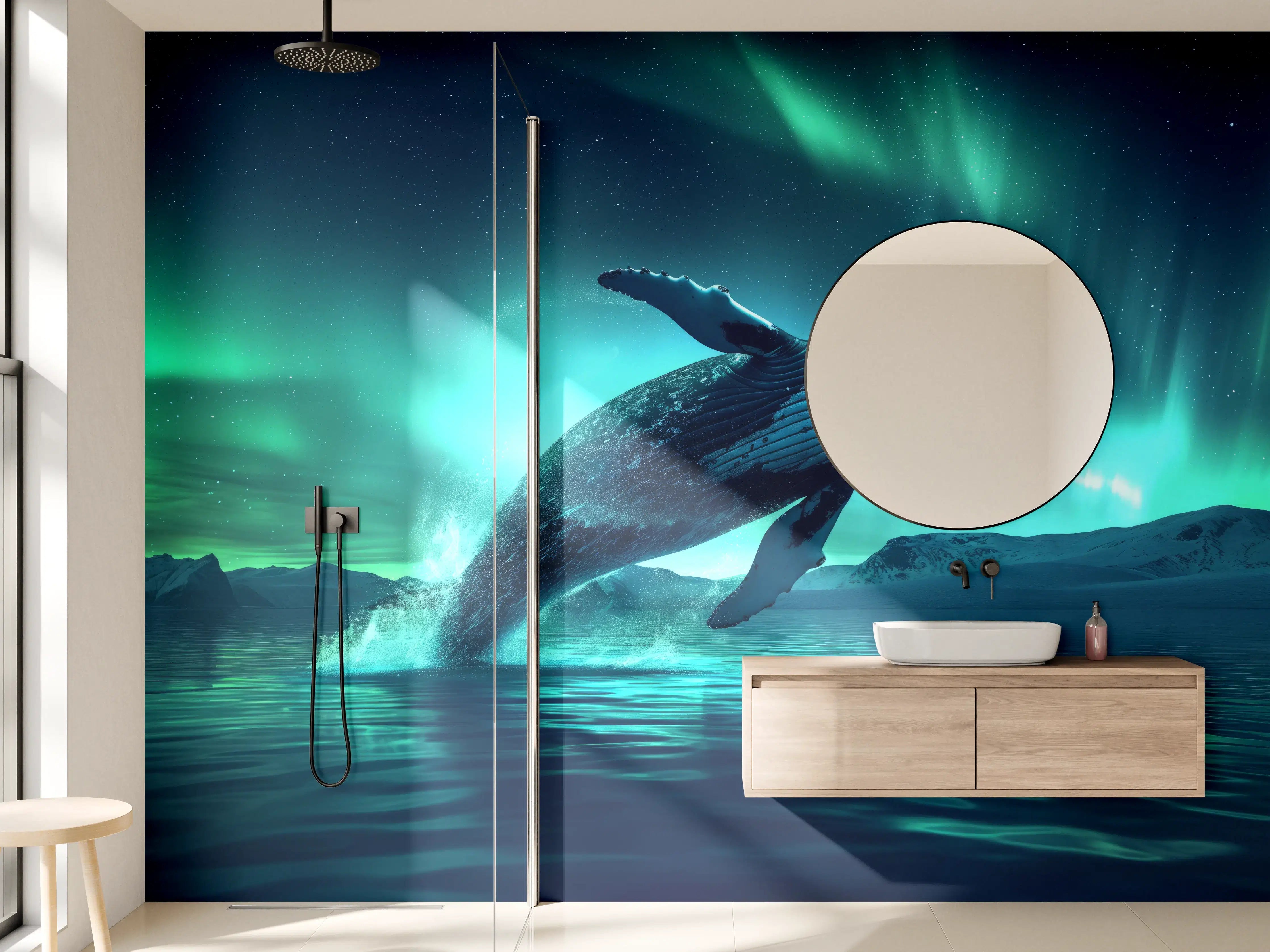 Wandverkleidung Bad - Buckelwal unter Nordlicht Türkis
