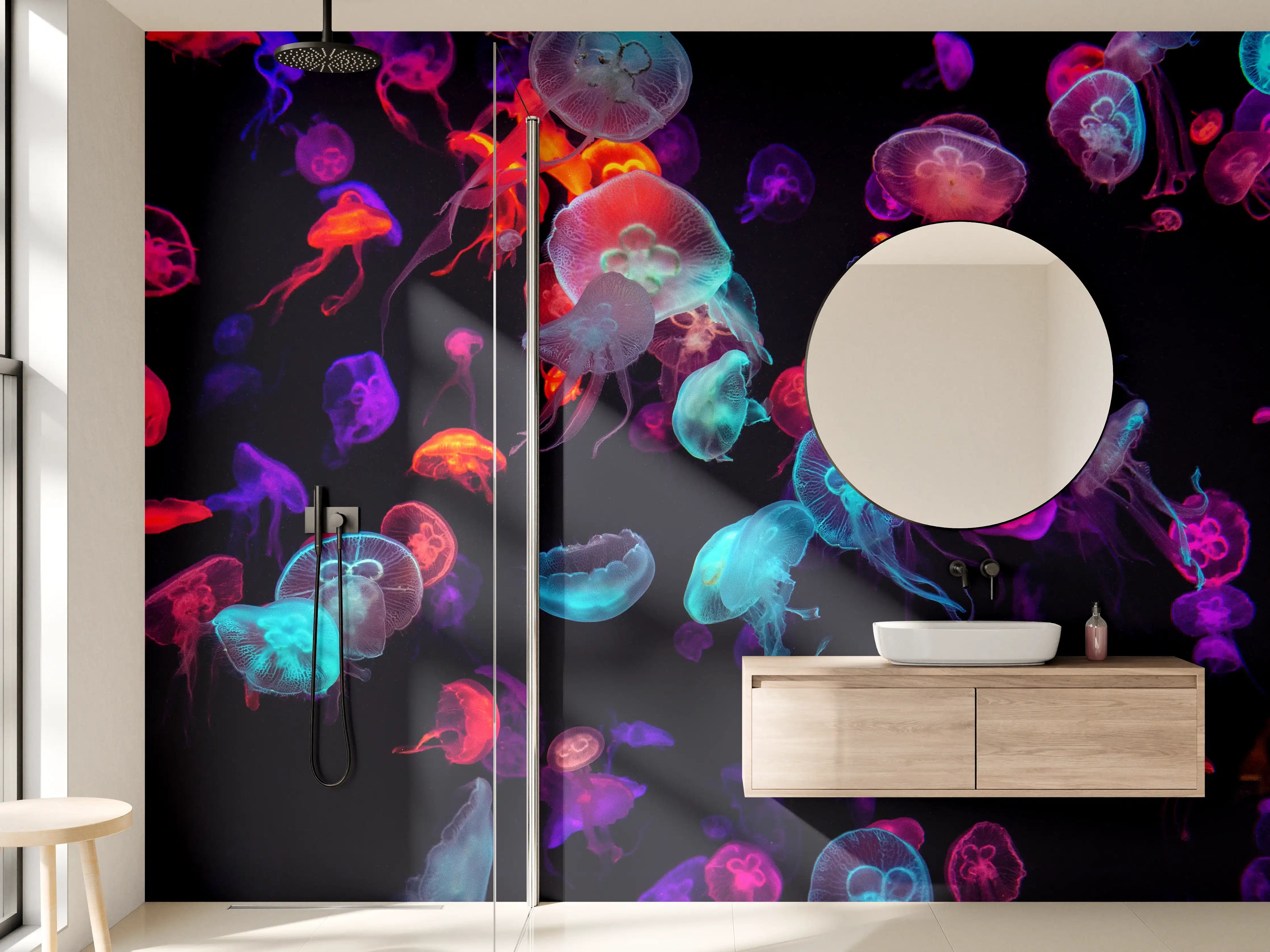 Wandverkleidung Bad - Bunt strahlende Quallen unter Wasser