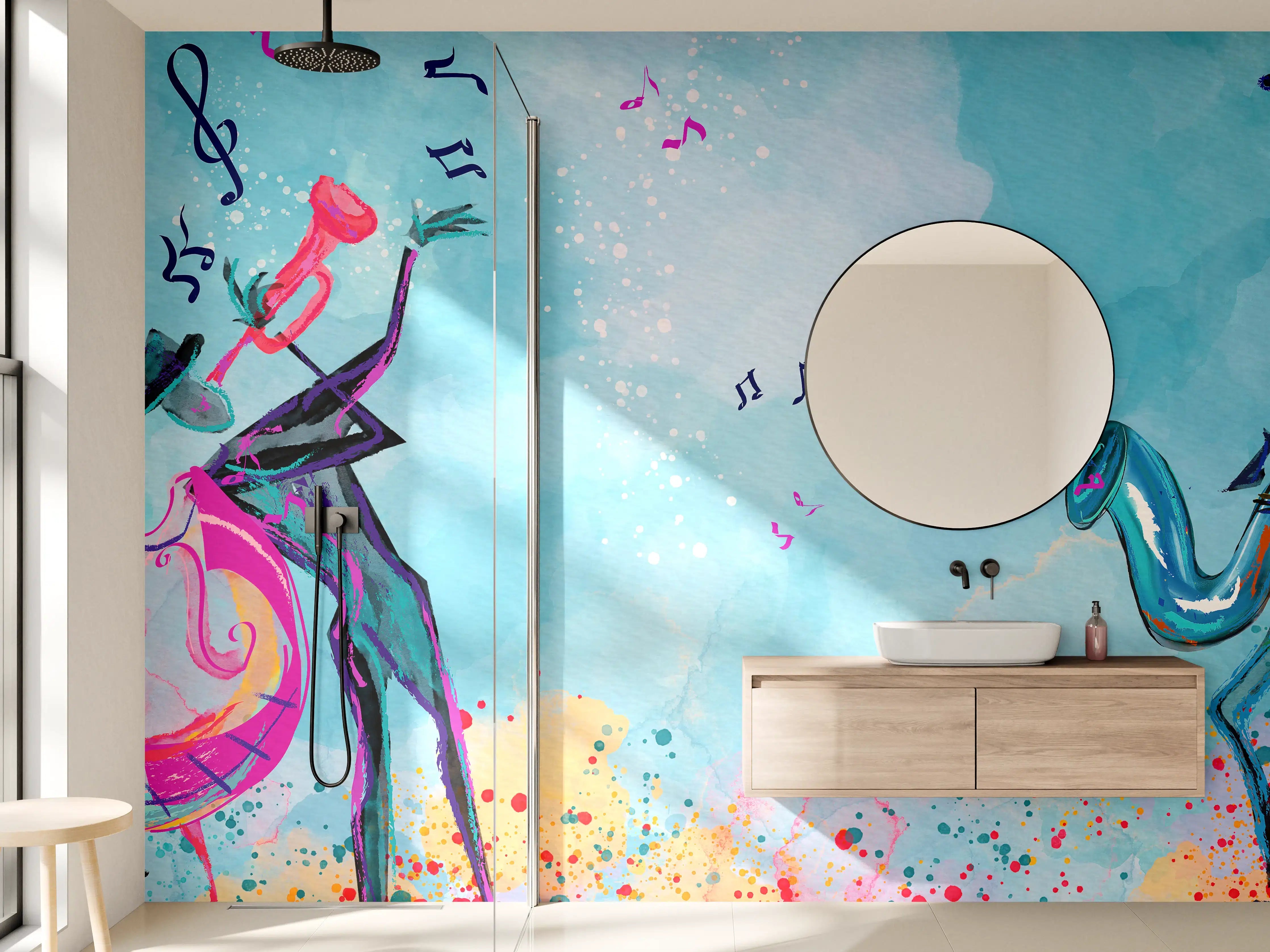 Wandverkleidung Bad - Bunte Aquarell Musikszene