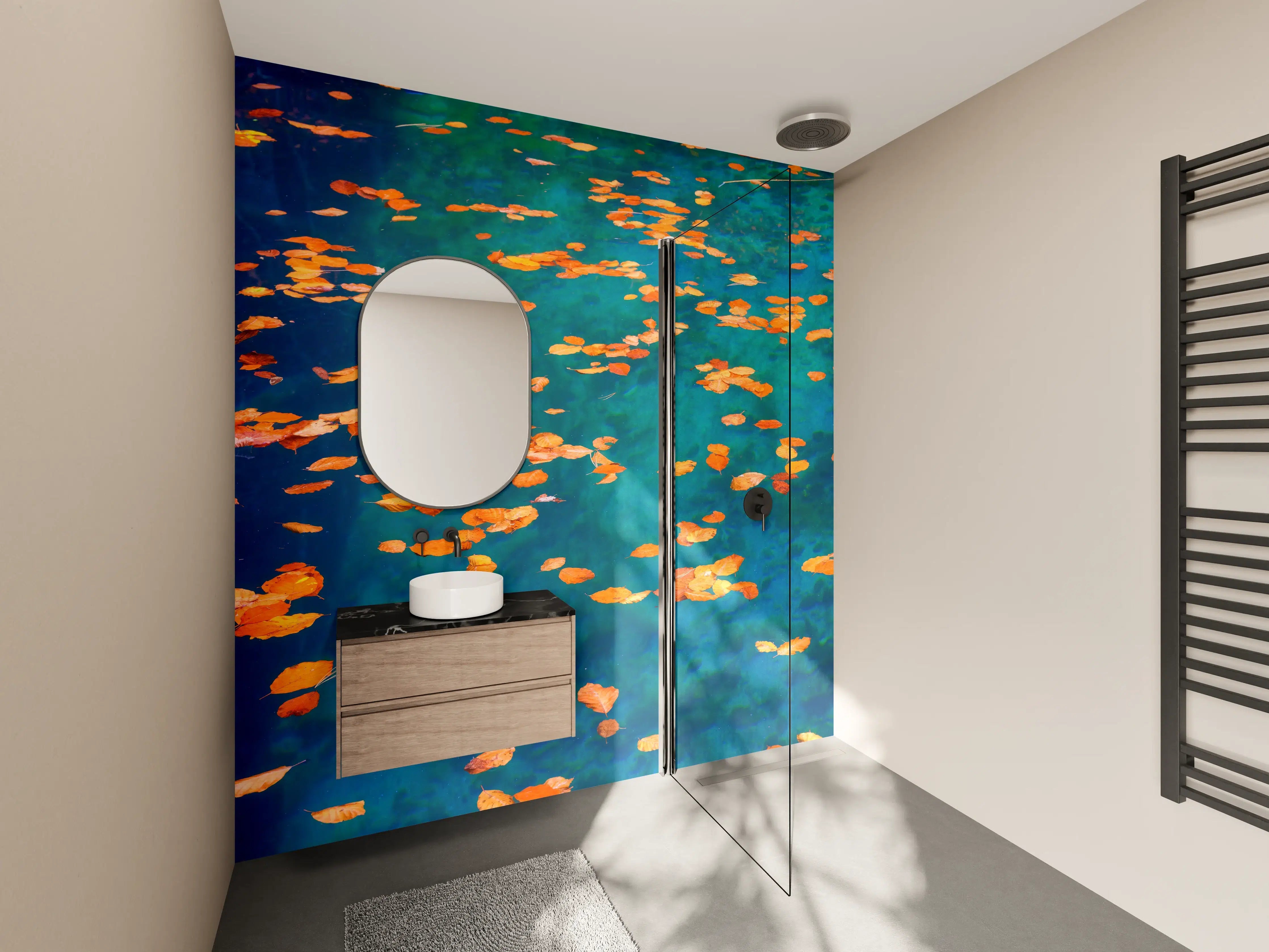 Wandverkleidung Bad - Bunte Blätter auf Wasser mit aqua- und orangefarbenen Akzenten