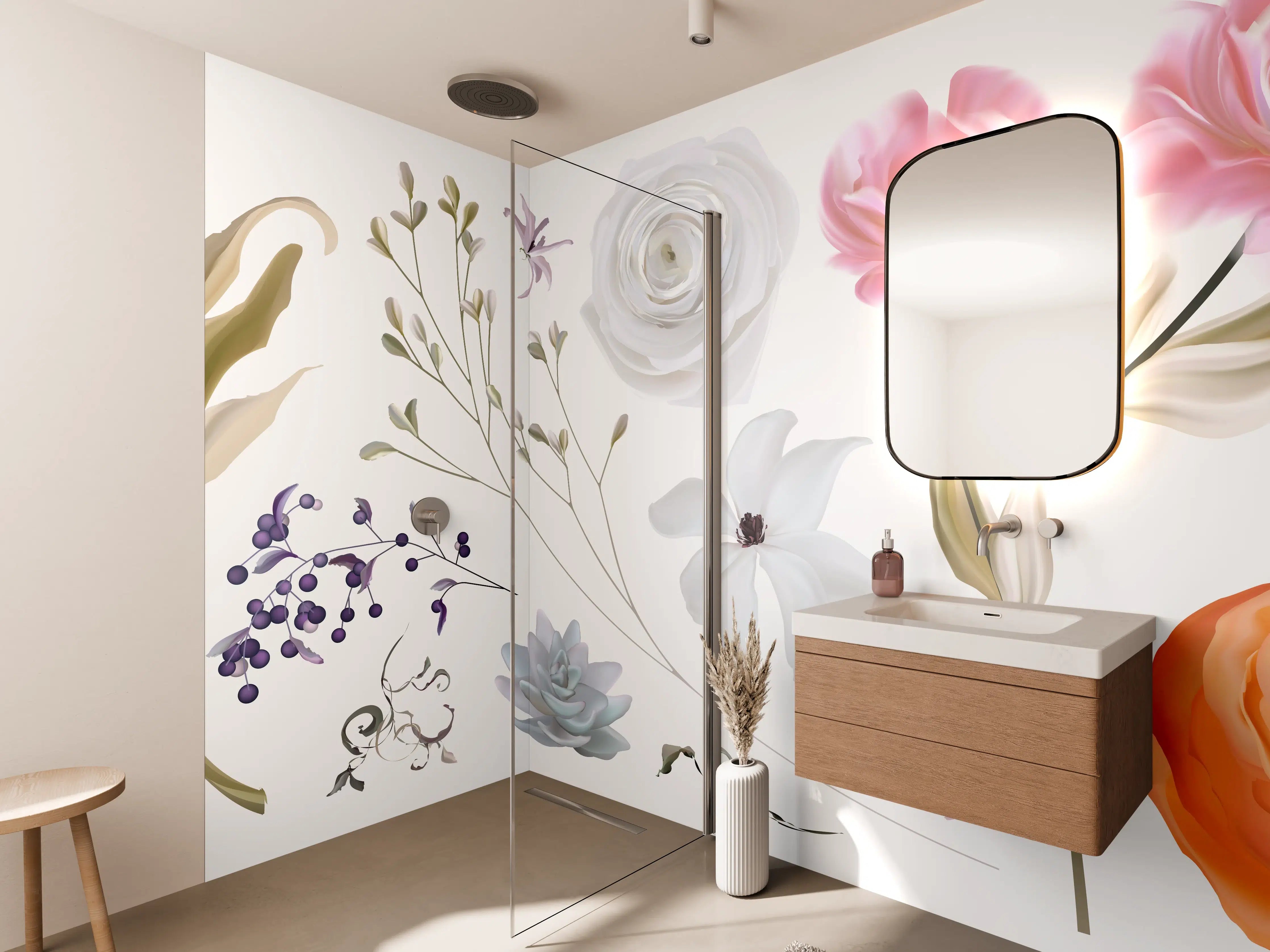 Wandverkleidung Bad - Bunte Blumenillustrationen Set