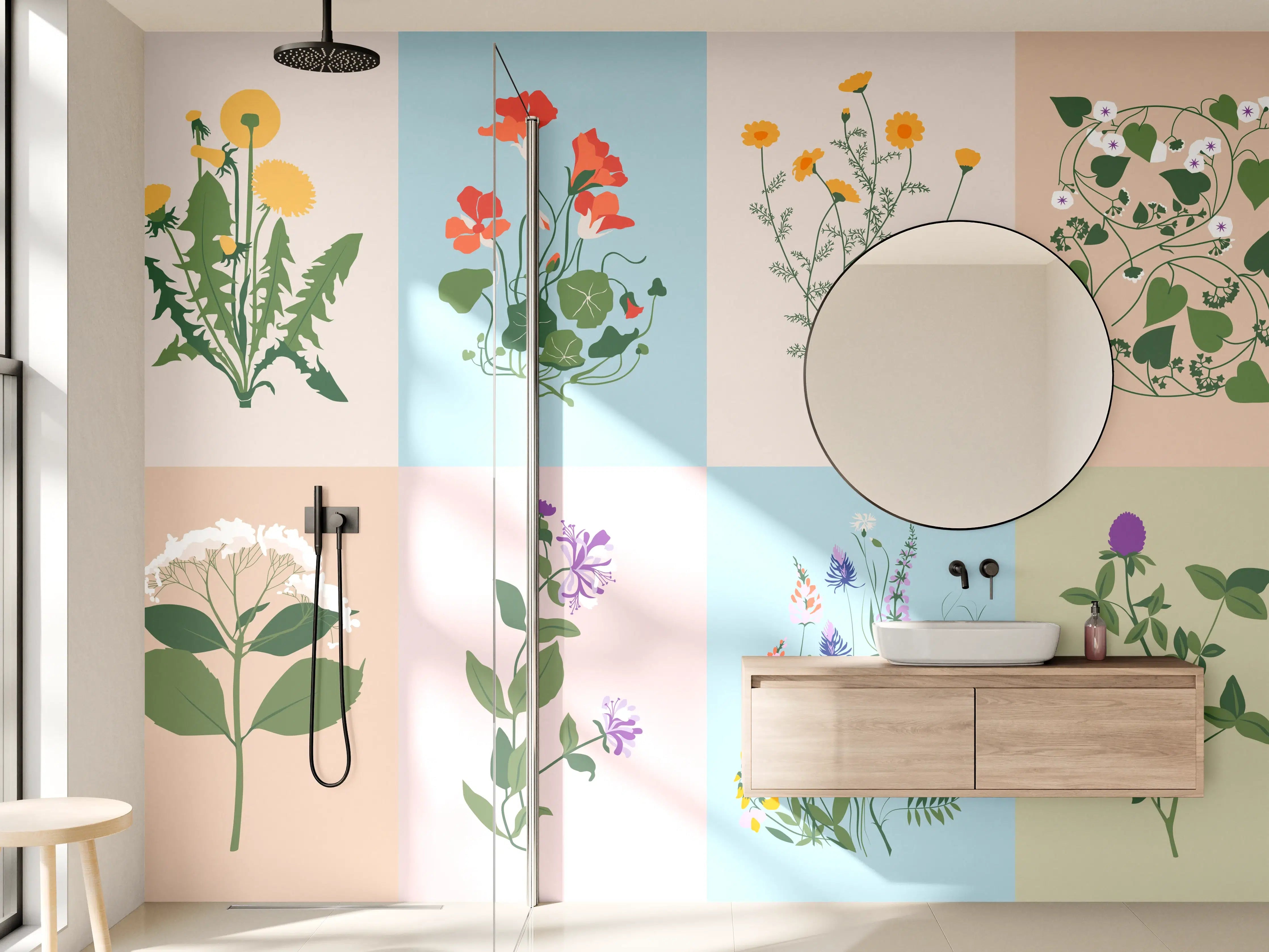 Wandverkleidung Bad - Bunte Blumenmuster mit Pastellhintergrund