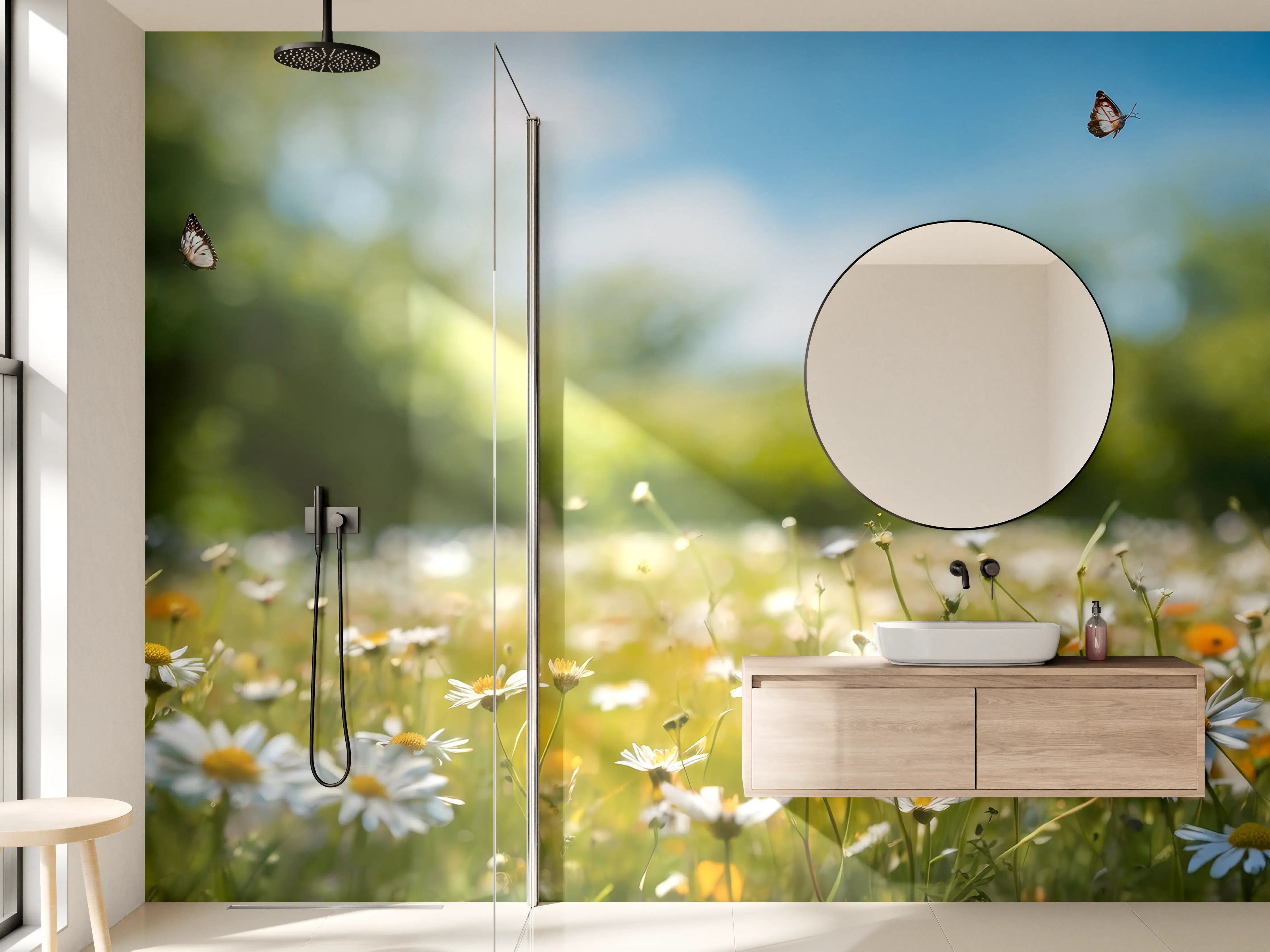 Wandverkleidung Bad - Bunte Blumenwiese mit Schmetterlingen im Sonnenschein