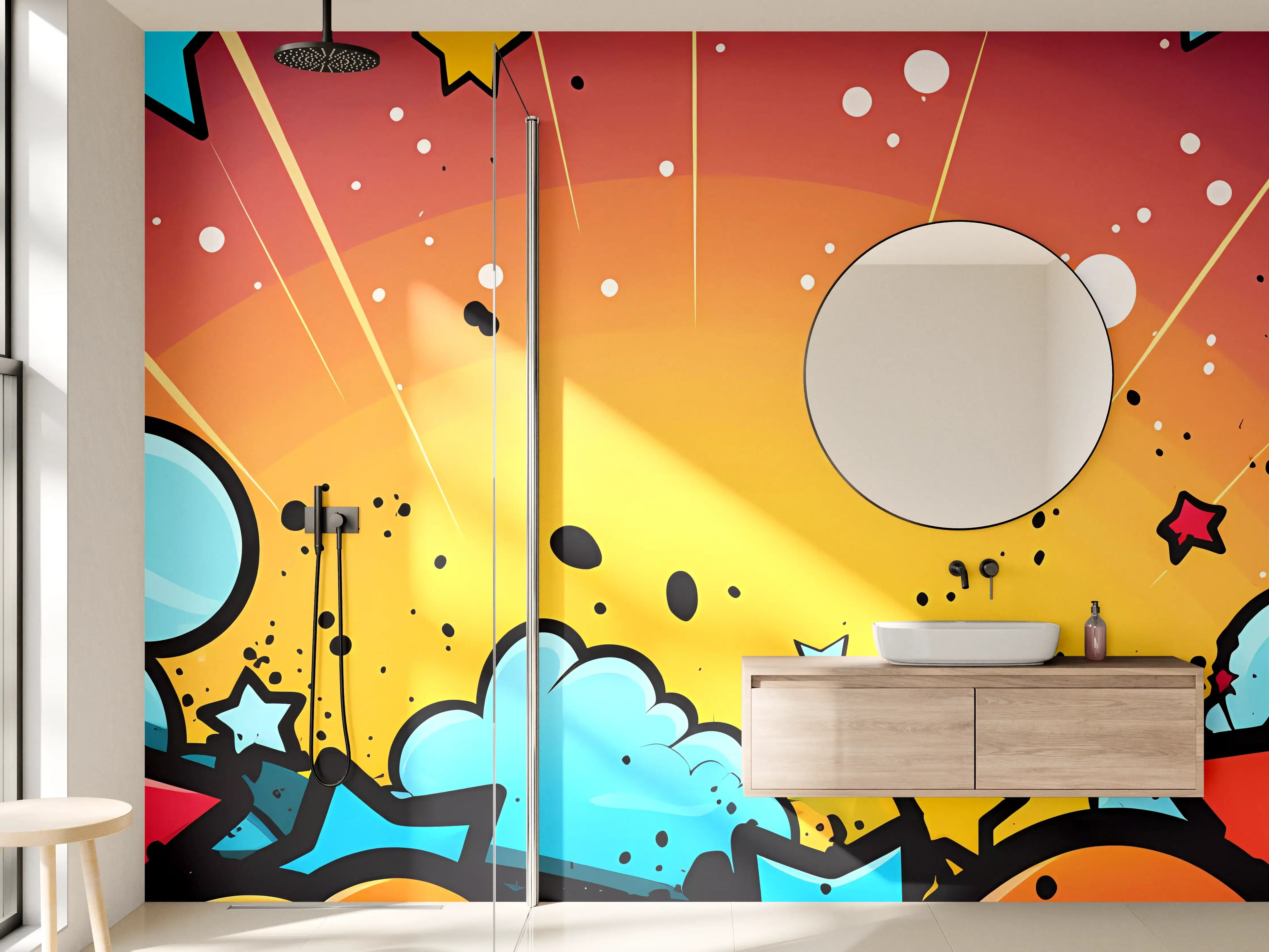 Wandverkleidung Bad - Bunte Comic-Explosion mit Sternen