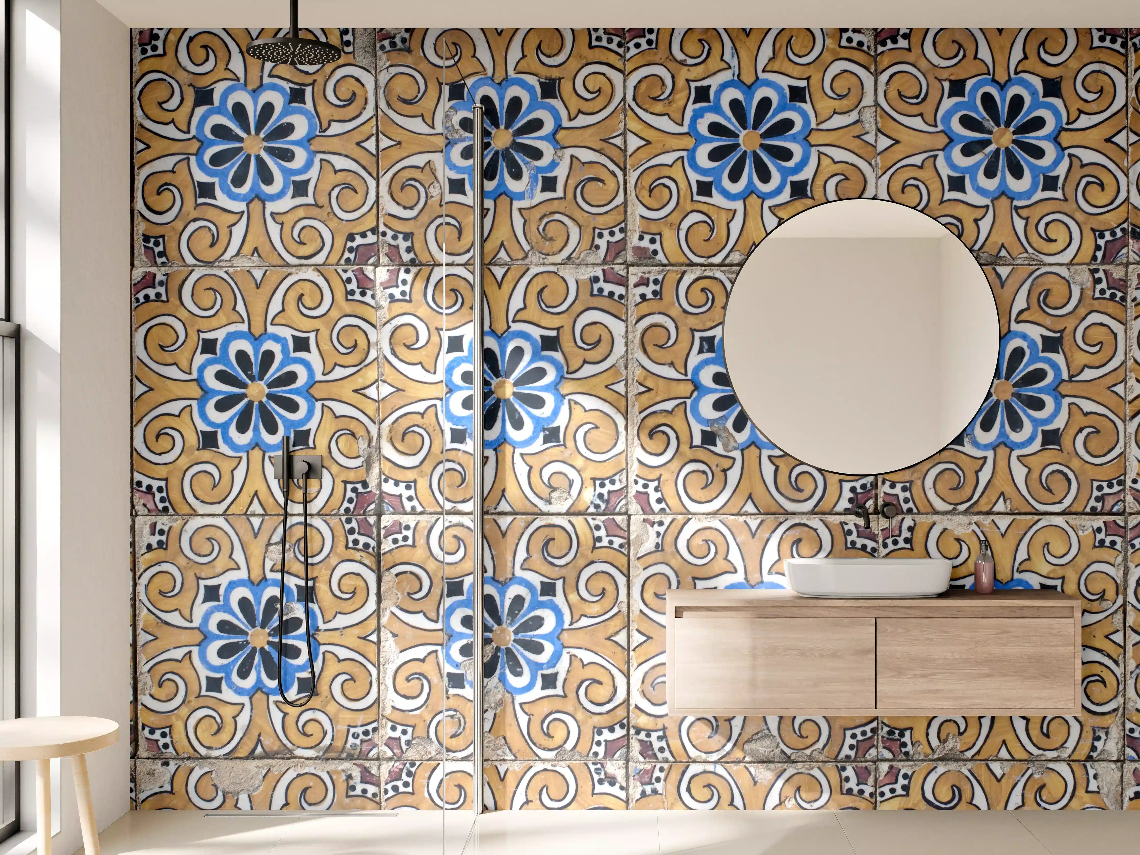 Wandverkleidung Bad - Bunte Fliesen mit blauer Blume