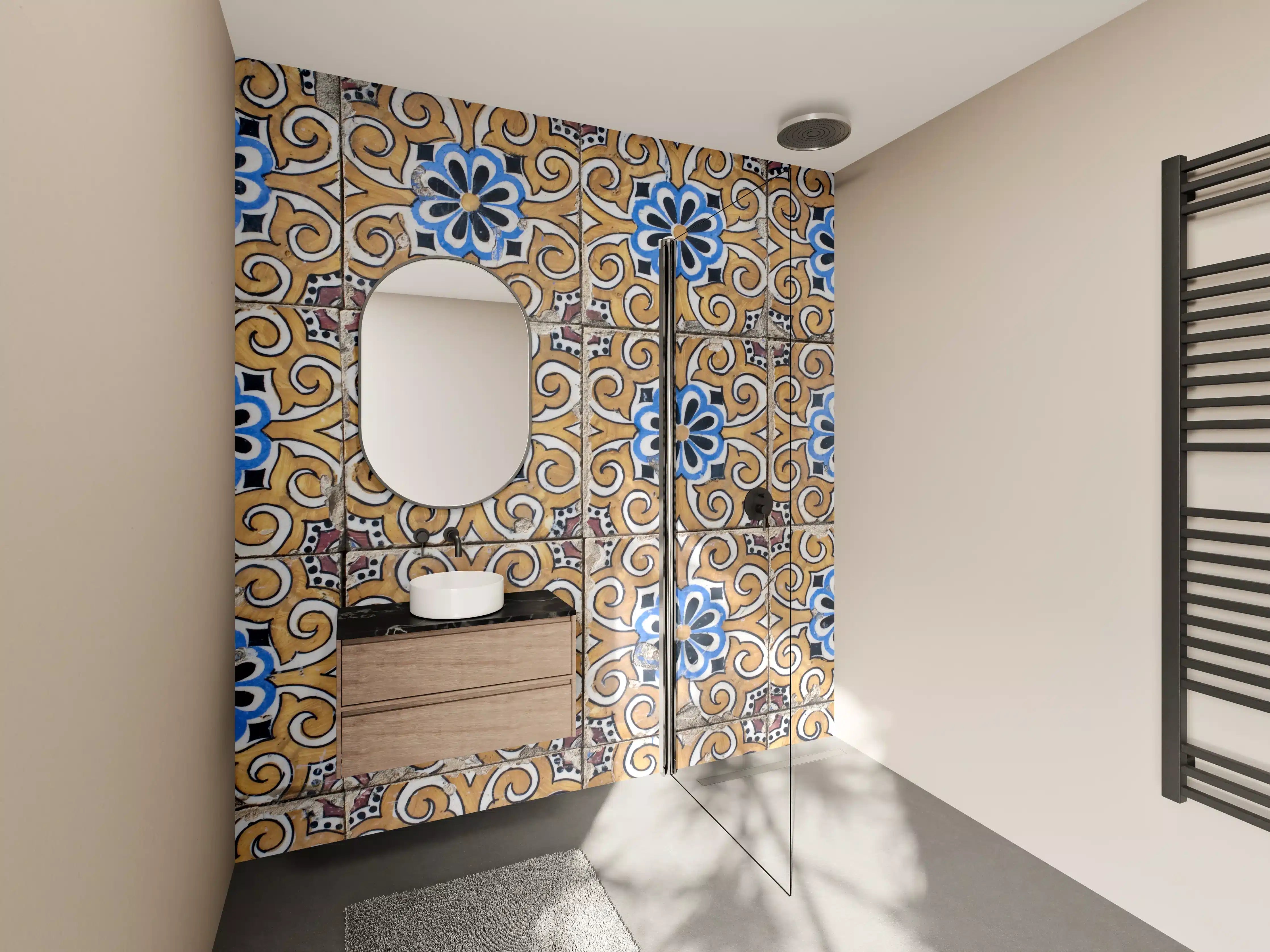 Wandverkleidung Bad - Bunte Fliesen mit blauer Blume