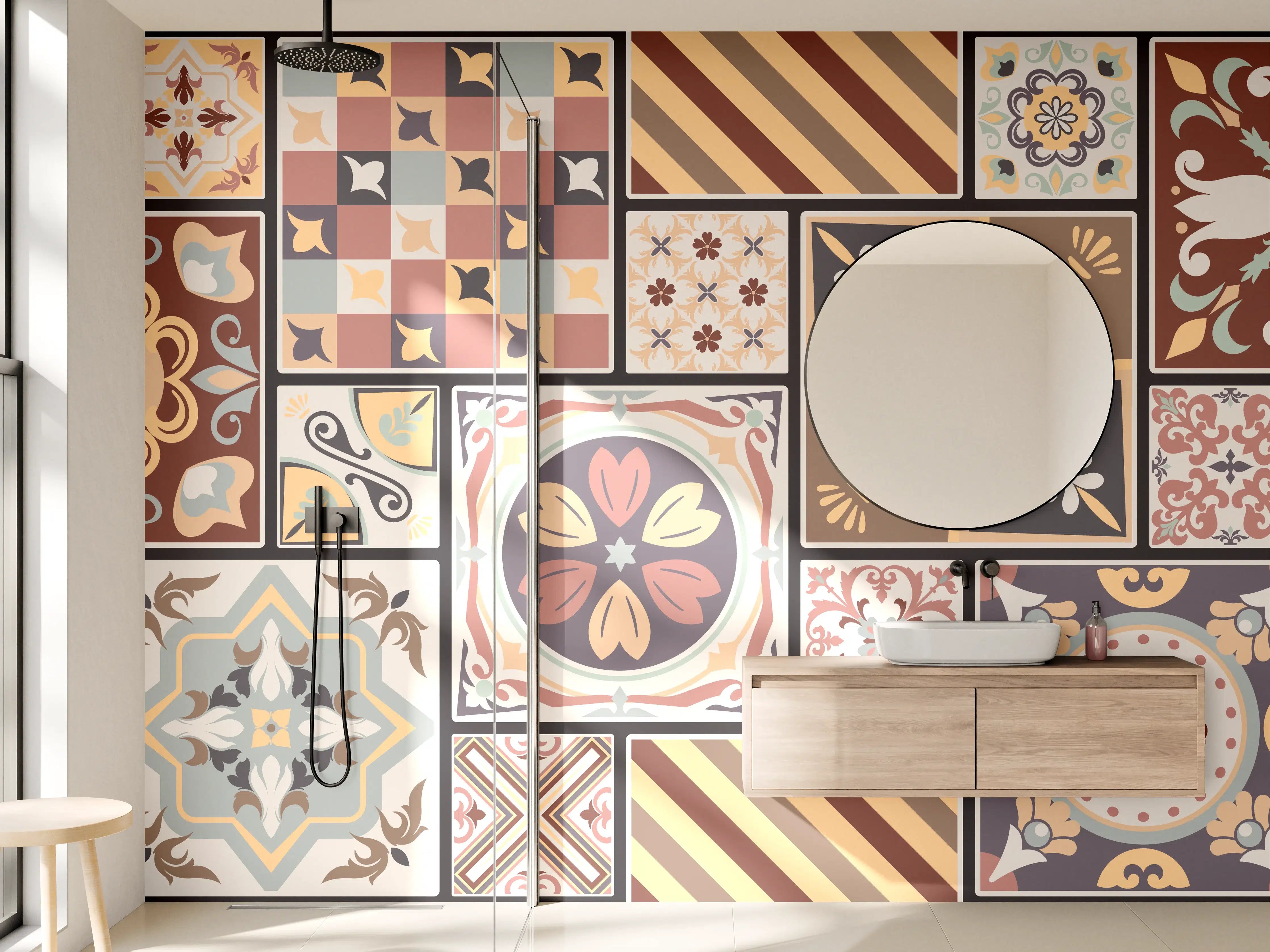 Wandverkleidung Bad - Bunte Fliesenmuster in Retro-Optik