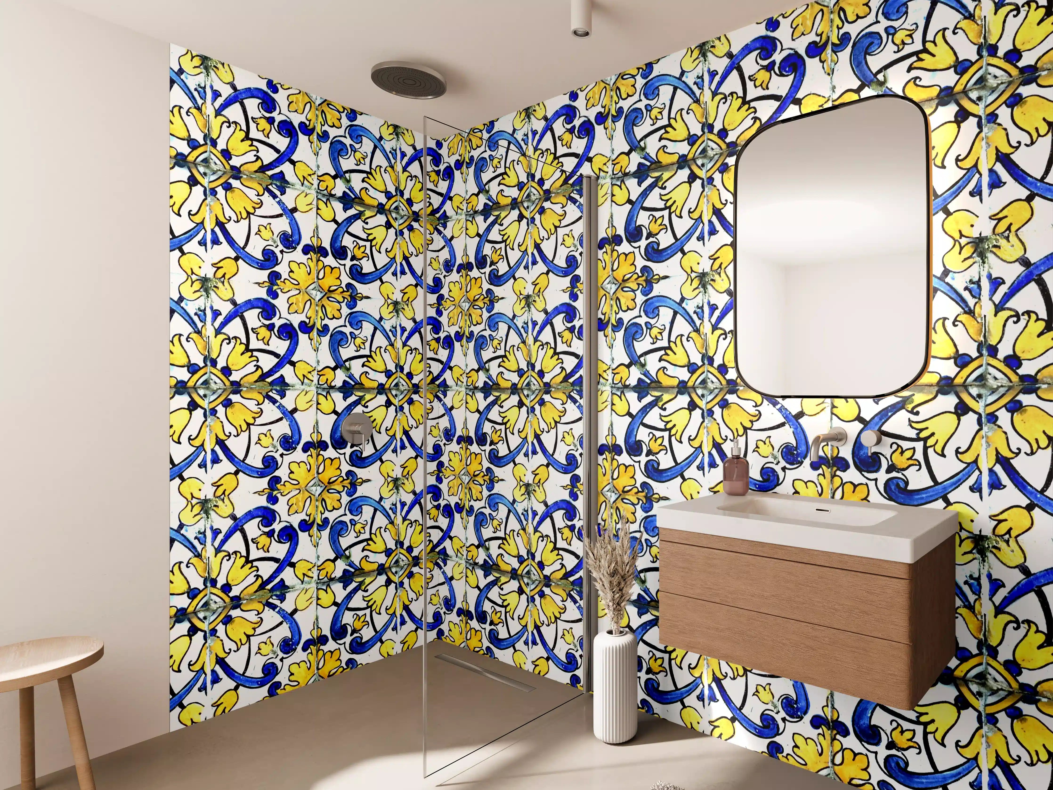 Wandverkleidung Bad - Bunte Fliesenmuster mit Blau und Gelb