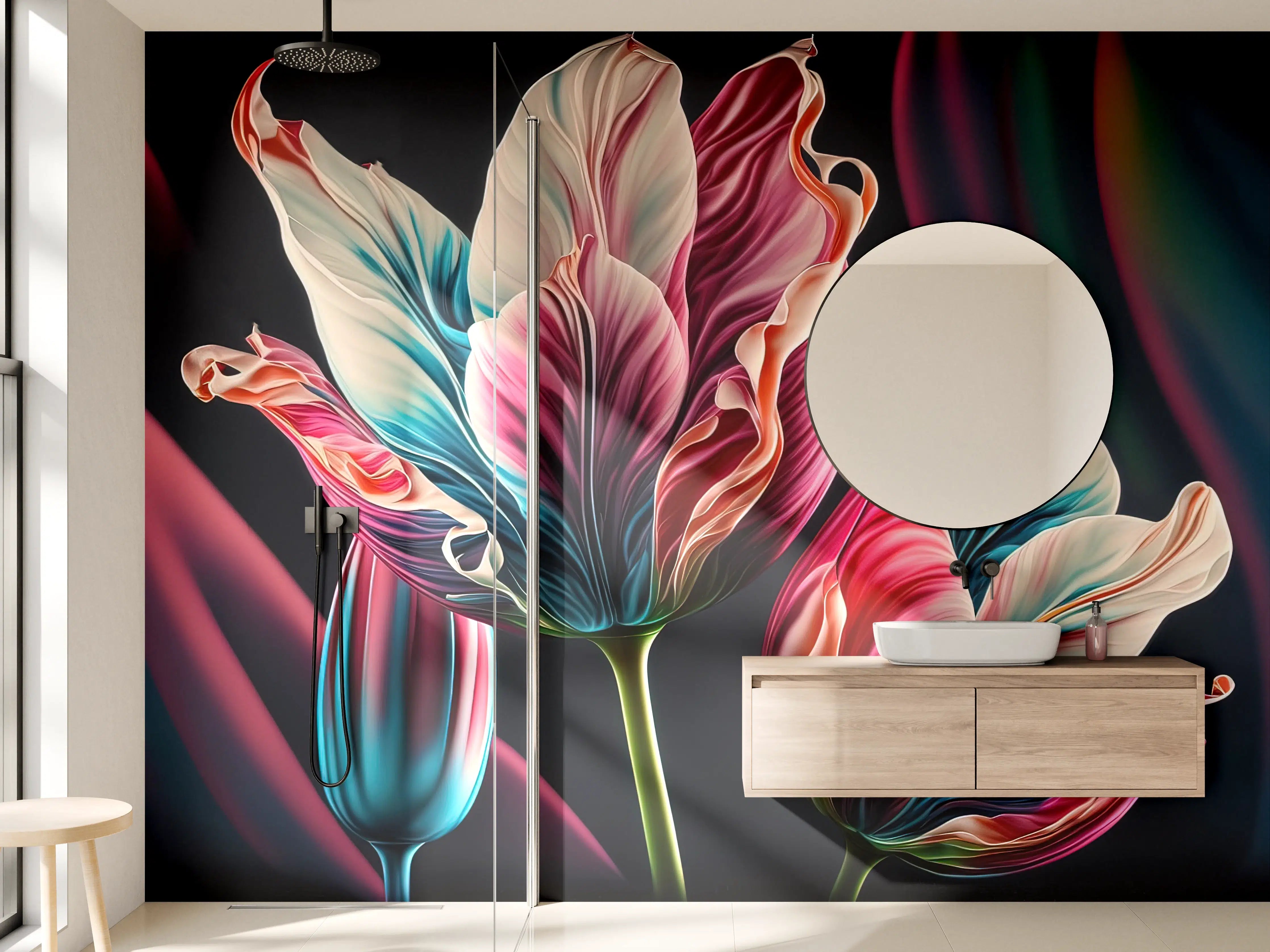Wandverkleidung Bad - Bunte Fluid Kunst Tulpen