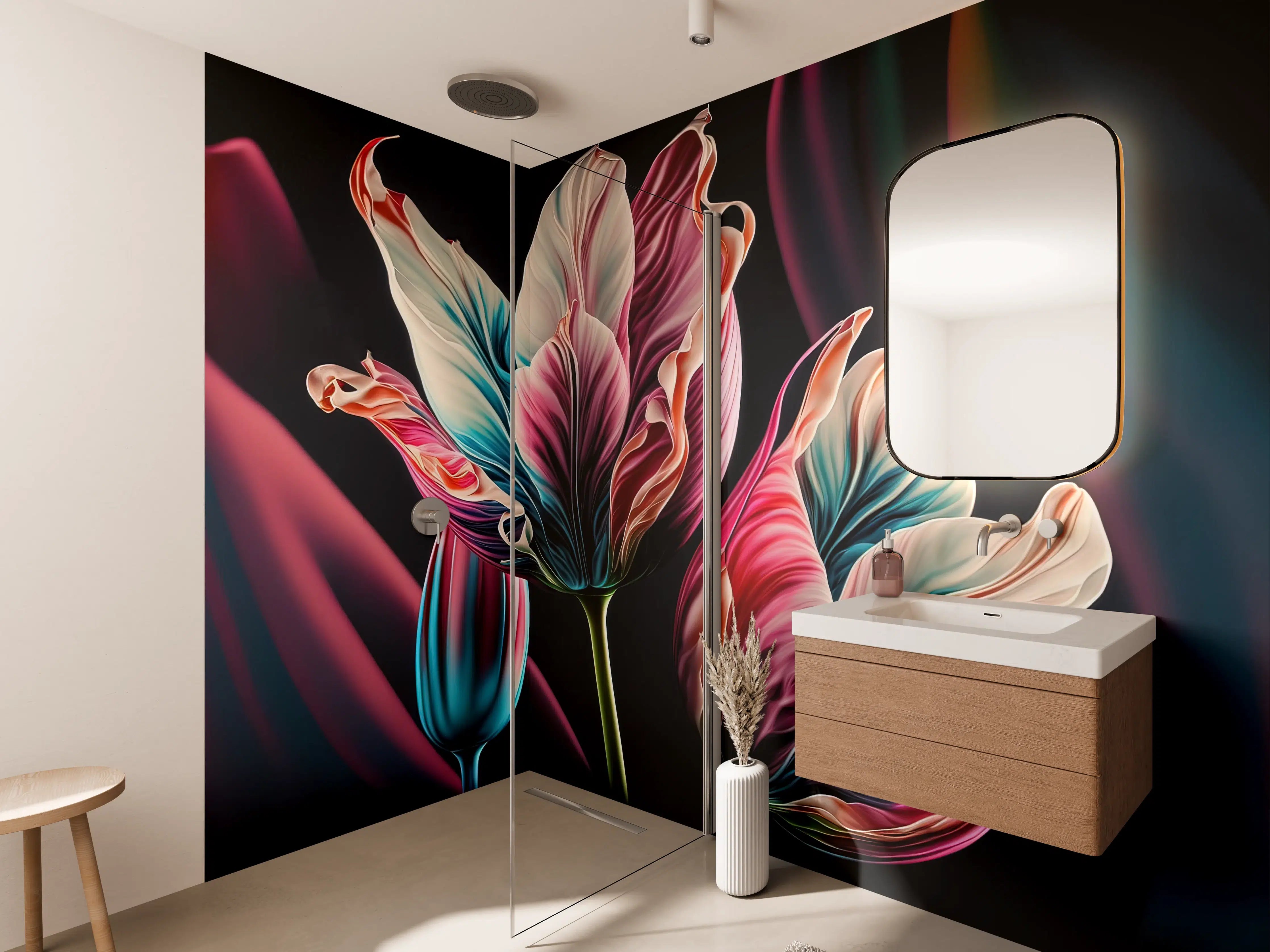 Wandverkleidung Bad - Bunte Fluid Kunst Tulpen