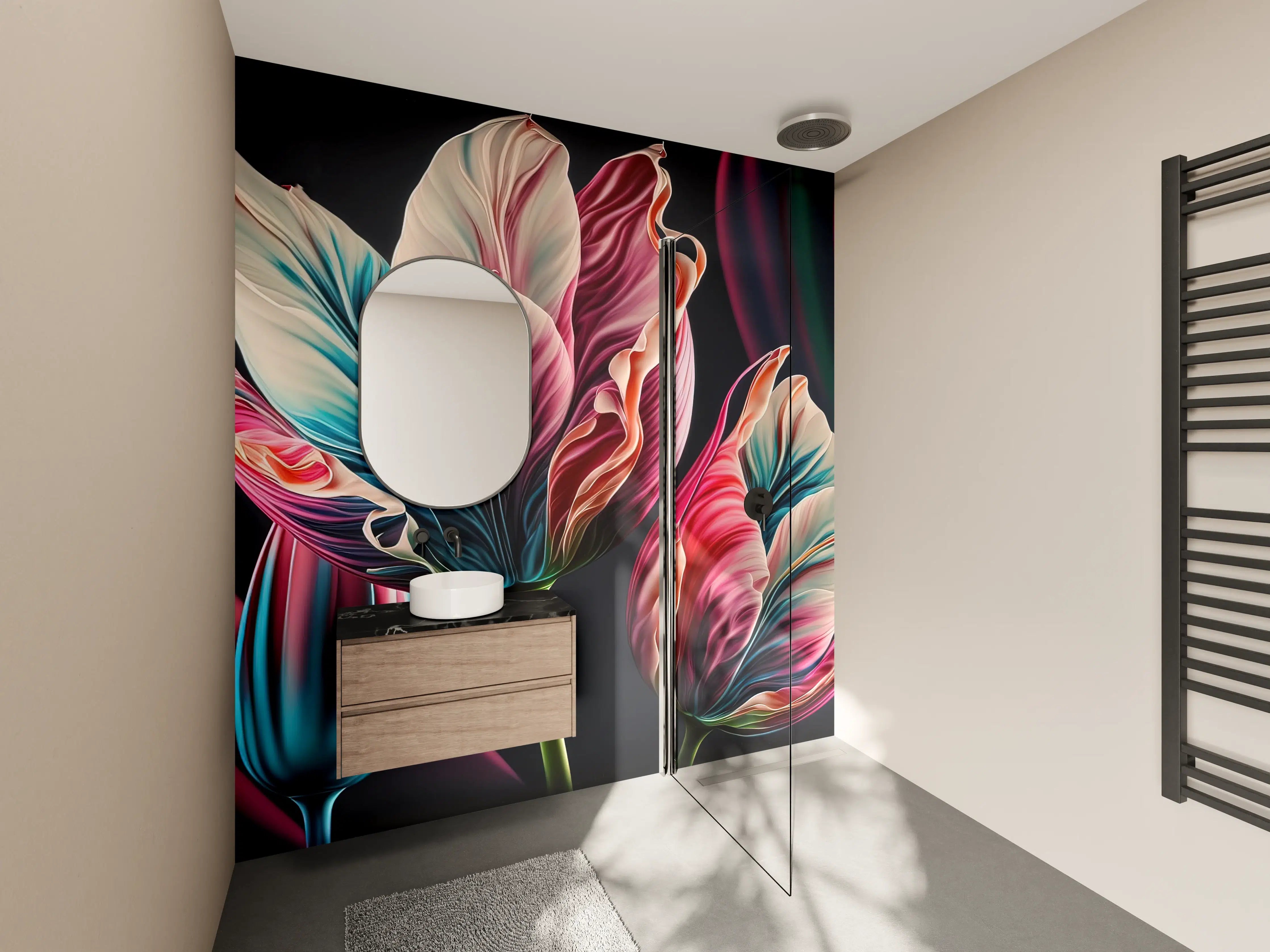 Wandverkleidung Bad - Bunte Fluid Kunst Tulpen