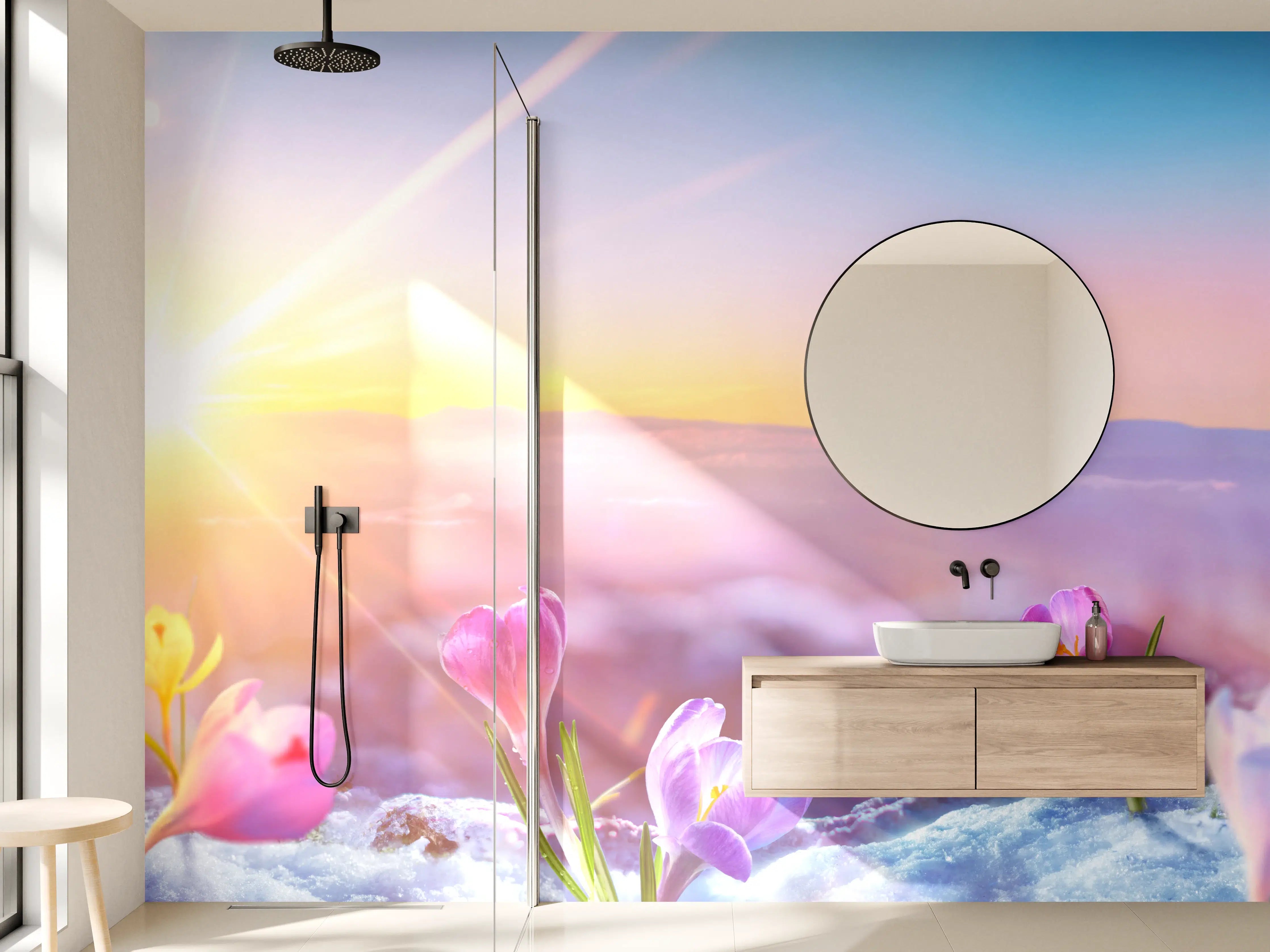 Wandverkleidung Bad - Bunte Frühlingswiese bei Sonnenaufgang