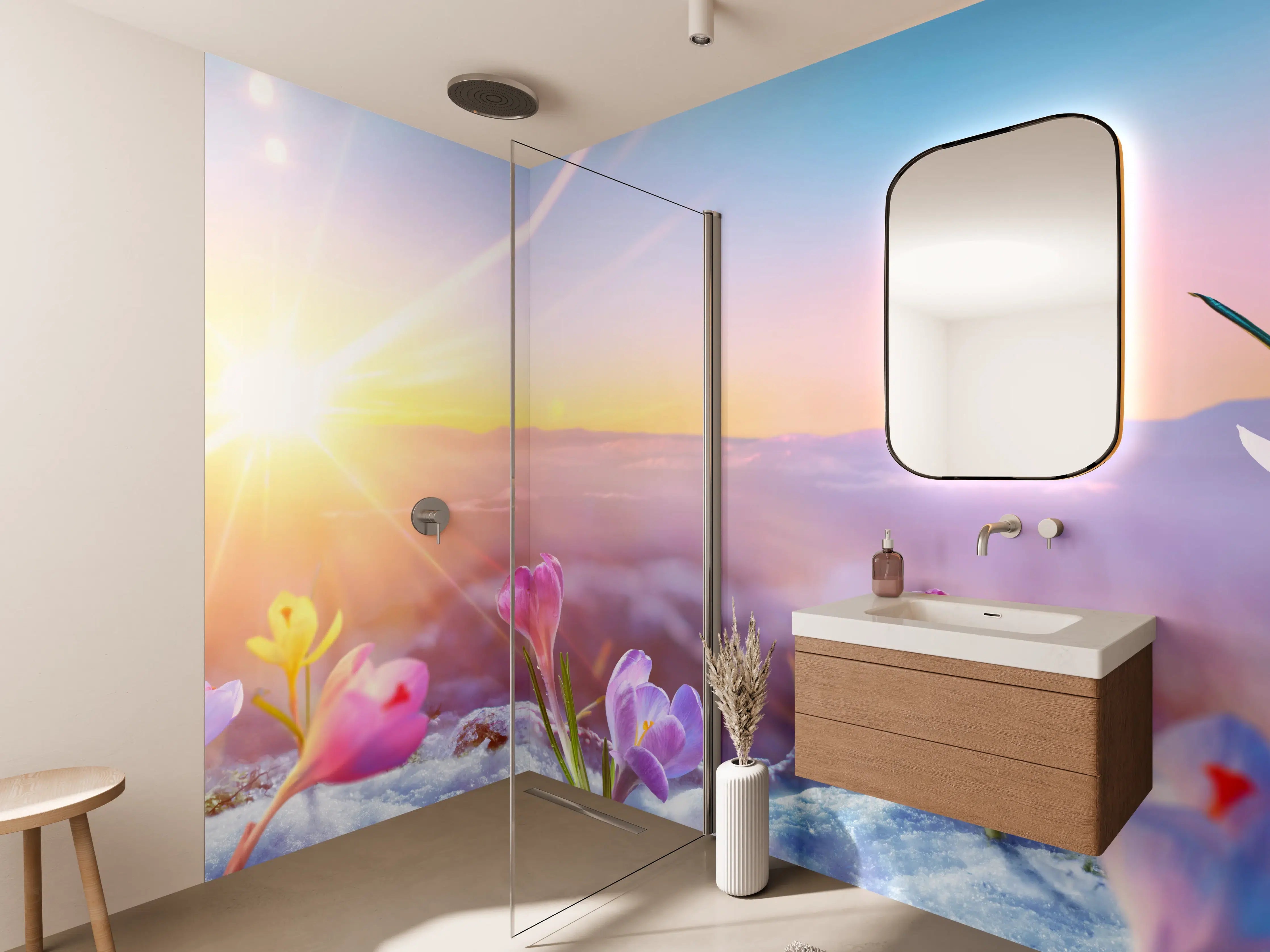 Wandverkleidung Bad - Bunte Frühlingswiese bei Sonnenaufgang